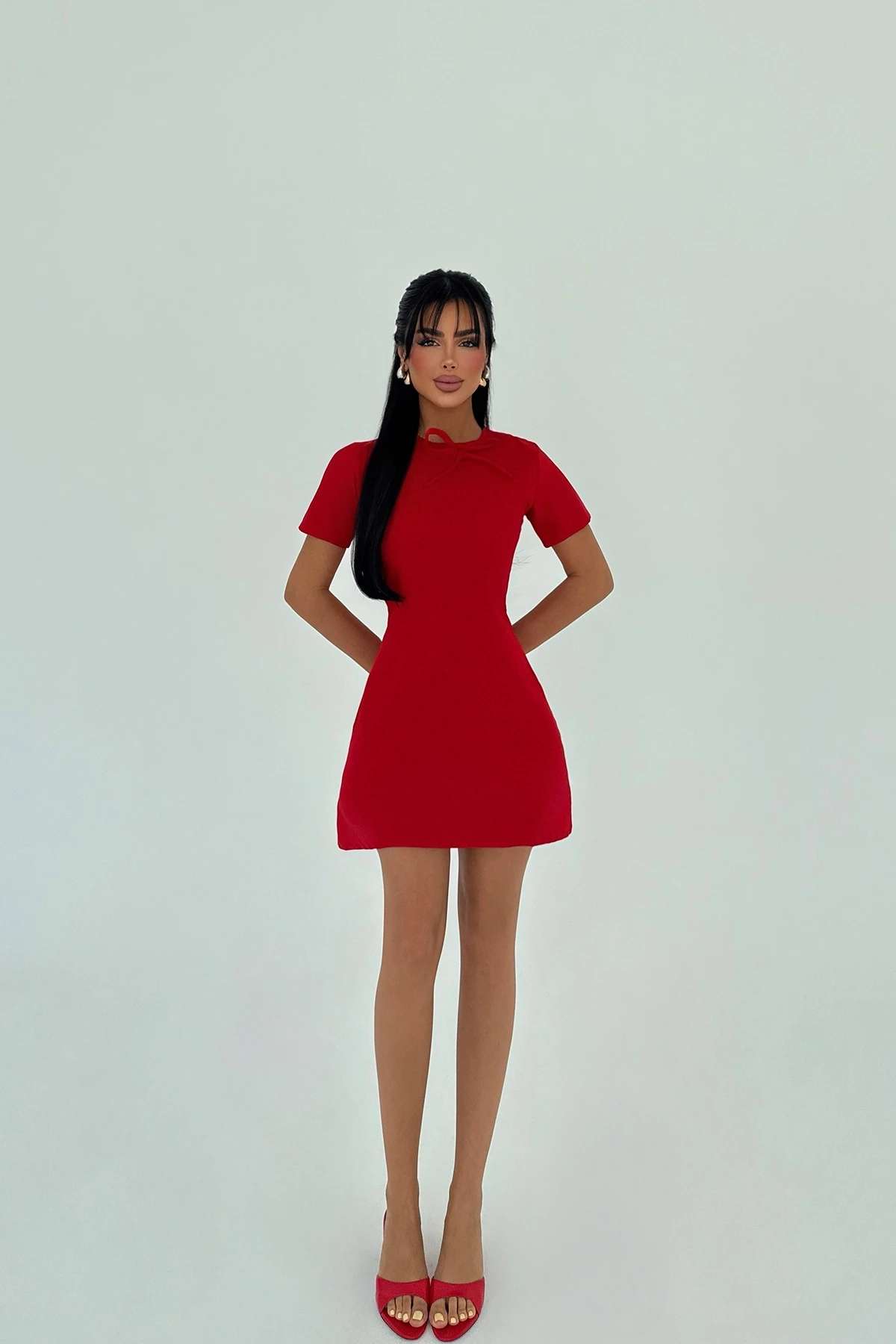 Picture of Red Deserae Mini Bow Dress