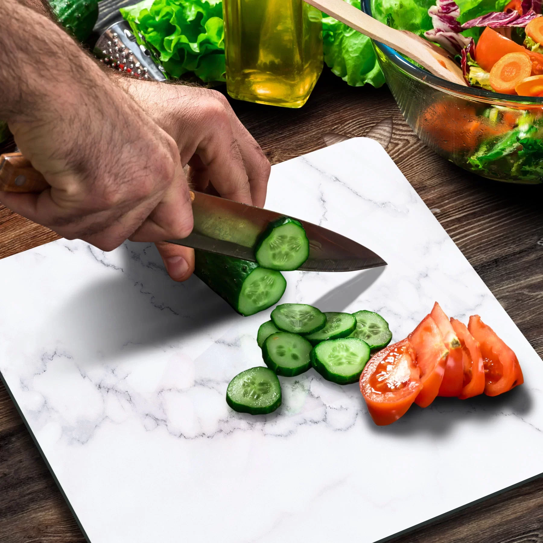 Picture of Decovetro Cam Kesme Tahtası ve Sunumluk Kare Beyaz Mermer Desenli 30x30 Cm