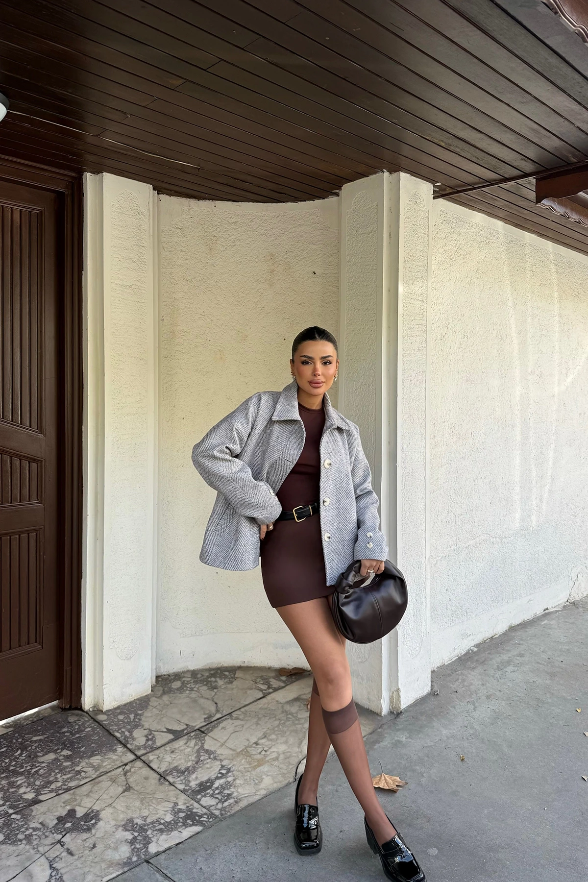 Picture of Brown Pocket Detail Double Breasted Collar Jacket