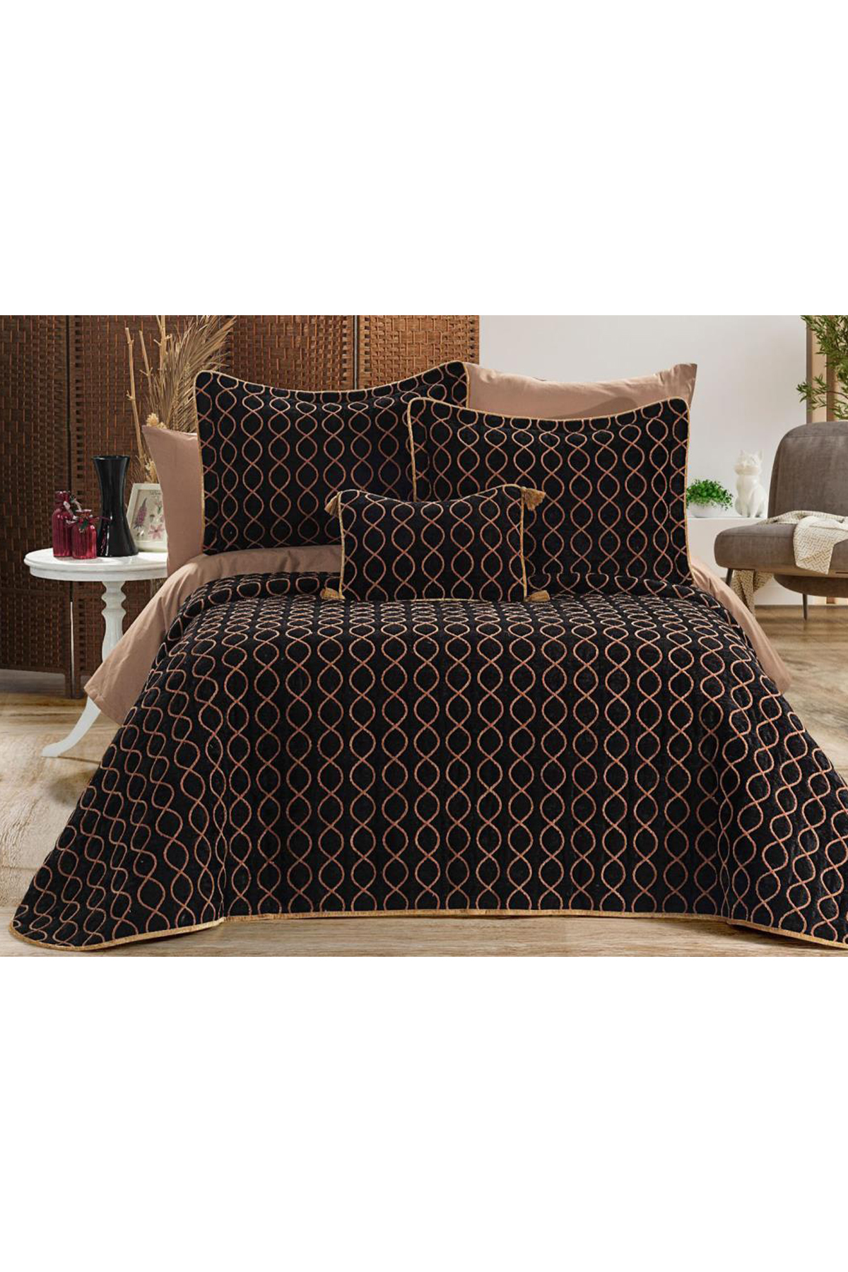 Picture of Brillance Çift Kişilik Yatak Örtüsü Siyah Gold