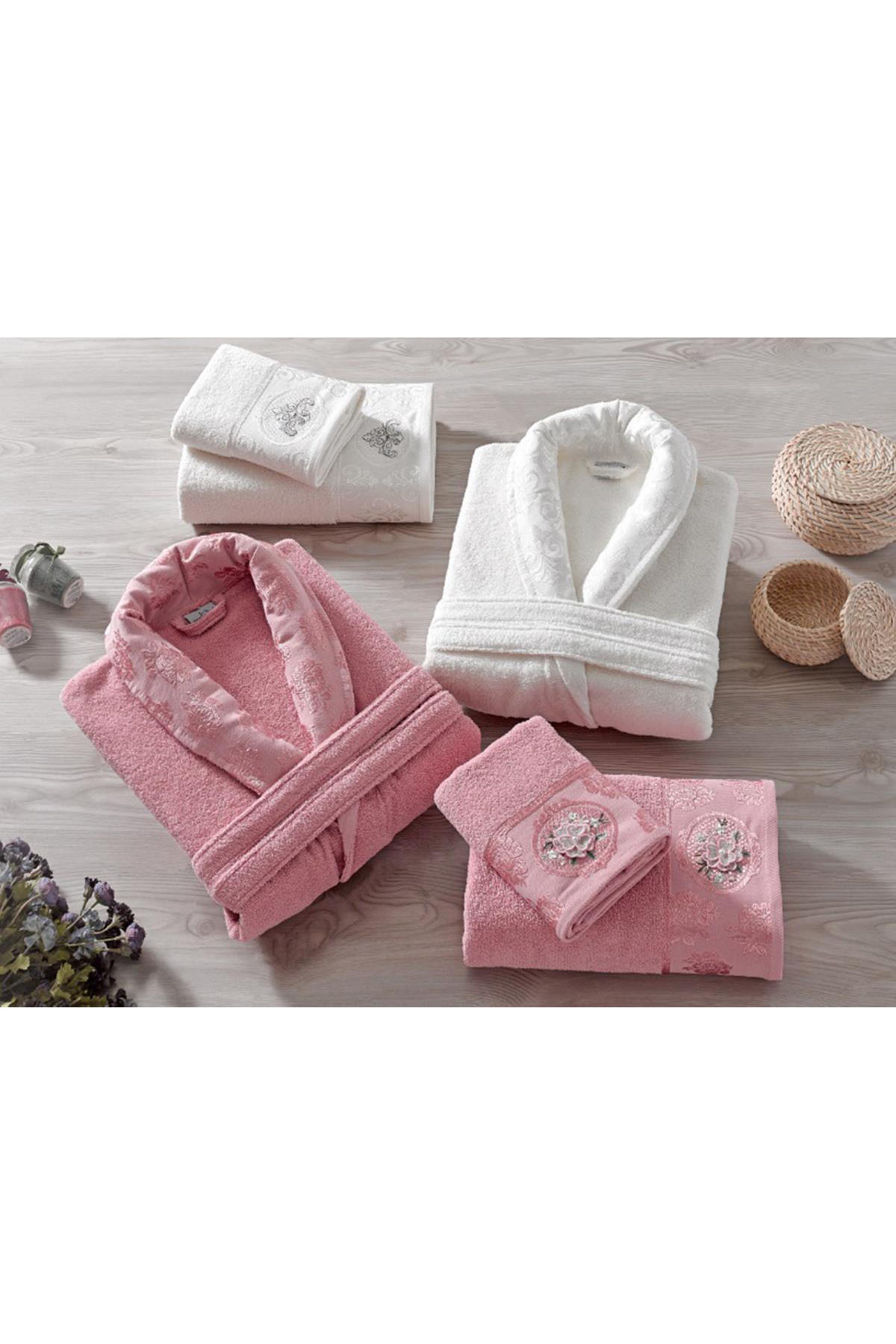 Picture of Rosel Bukle Jakarlı Aile Bornoz Takımı Gül Kurusu Krem