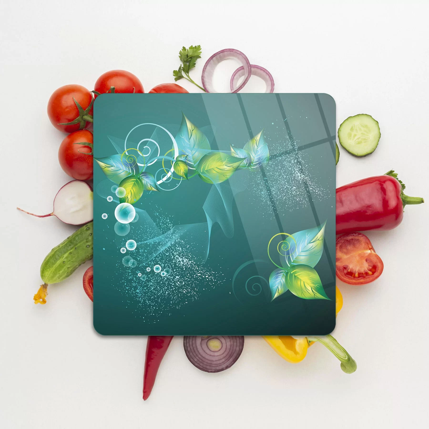 Picture of Decovetro Cam Kesme Tahtası ve Sunumluk Kare Yeşil Yaprak Desenli 30x30 Cm