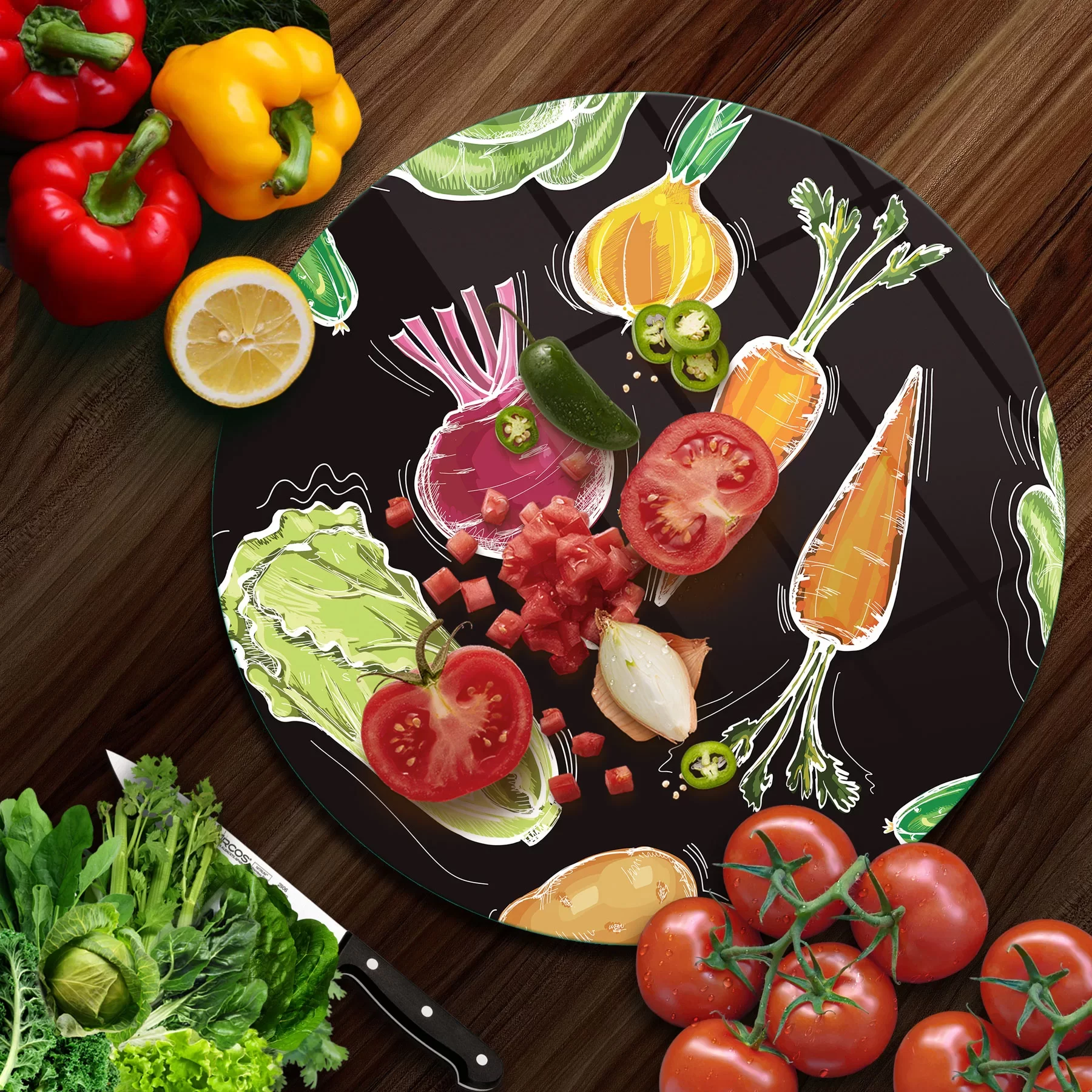 Picture of Decovetro Cam Kesme Tahtası ve Sunumluk Yuvarlak Sebze Desenli 30x30 Cm