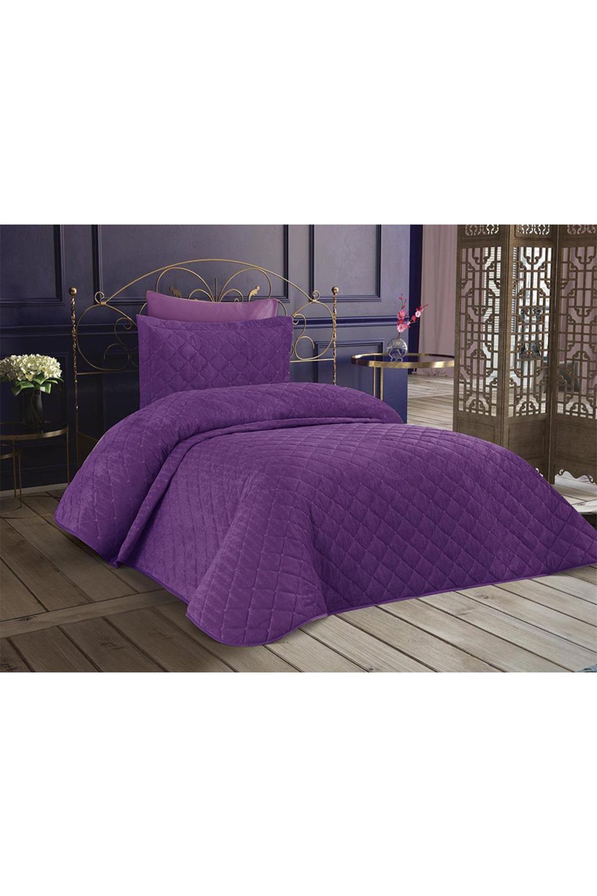 Picture of Dessert Kadife Tek Kişilik Yatak Örtüsü Mürdüm