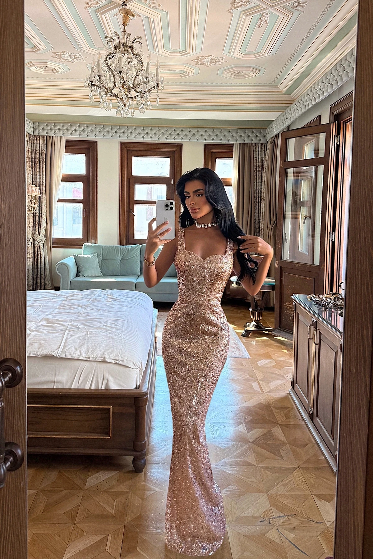 Picture of Beige Sequined Strap Dress