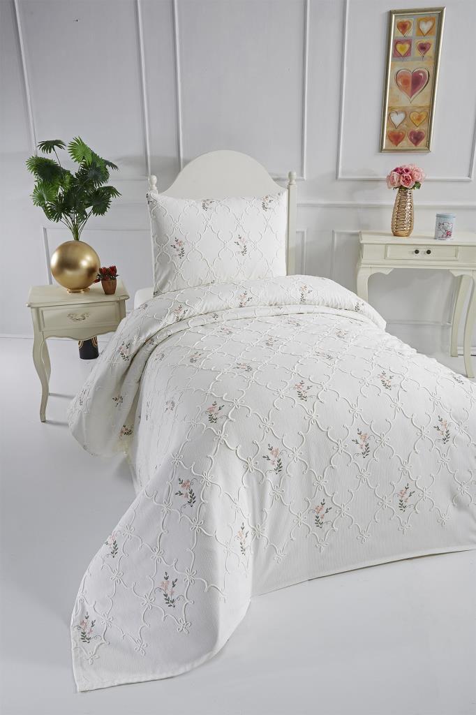 Picture of Pinkrose Nakışlı Şönil 2 Parça Tek Kişilik Yatak Örtüsü Krem