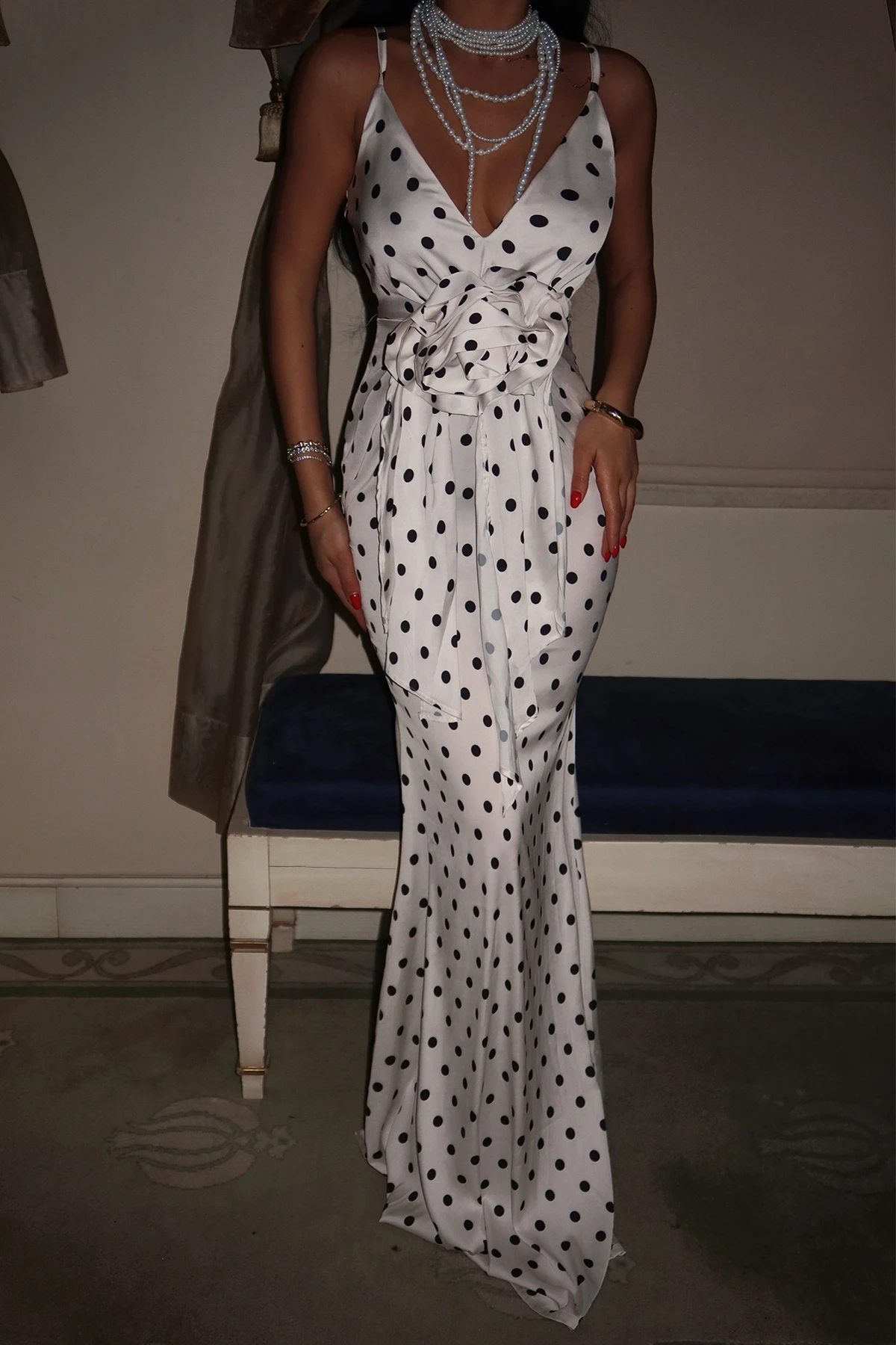 Picture of White Blair Polka Dot Rose Detailed Long Dress