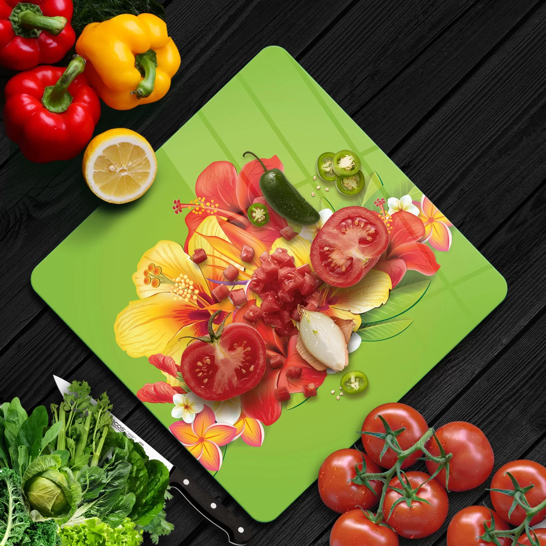 Picture of Decovetro Cam Kesme Tahtası ve Sunumluk Kare Renkli Çiçek Desenli 30x30 Cm