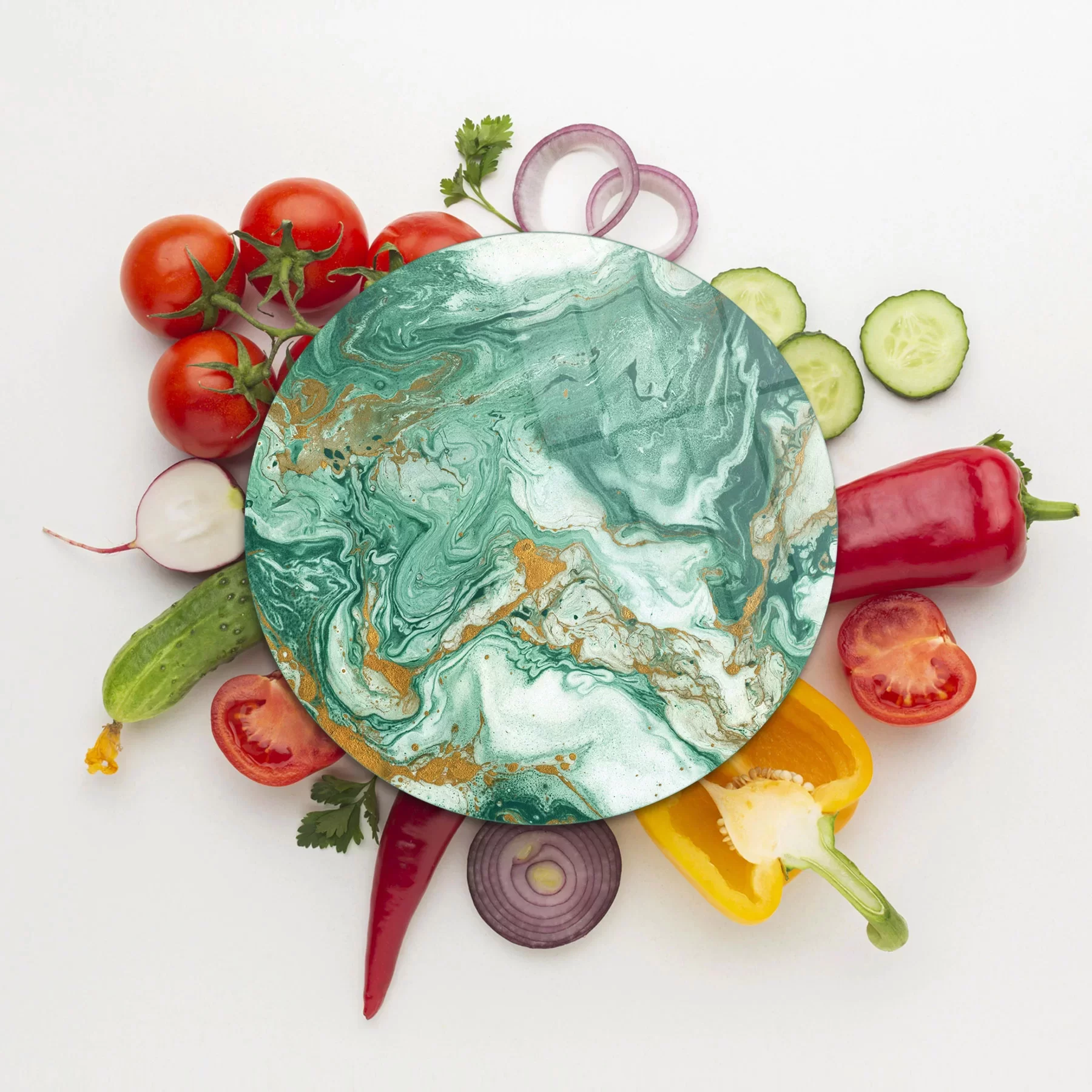 Picture of Decovetro Cam Kesme Tahtası ve Sunumluk Yuvarlak Yeşil Gold Mermer Desenli 30x30 Cm