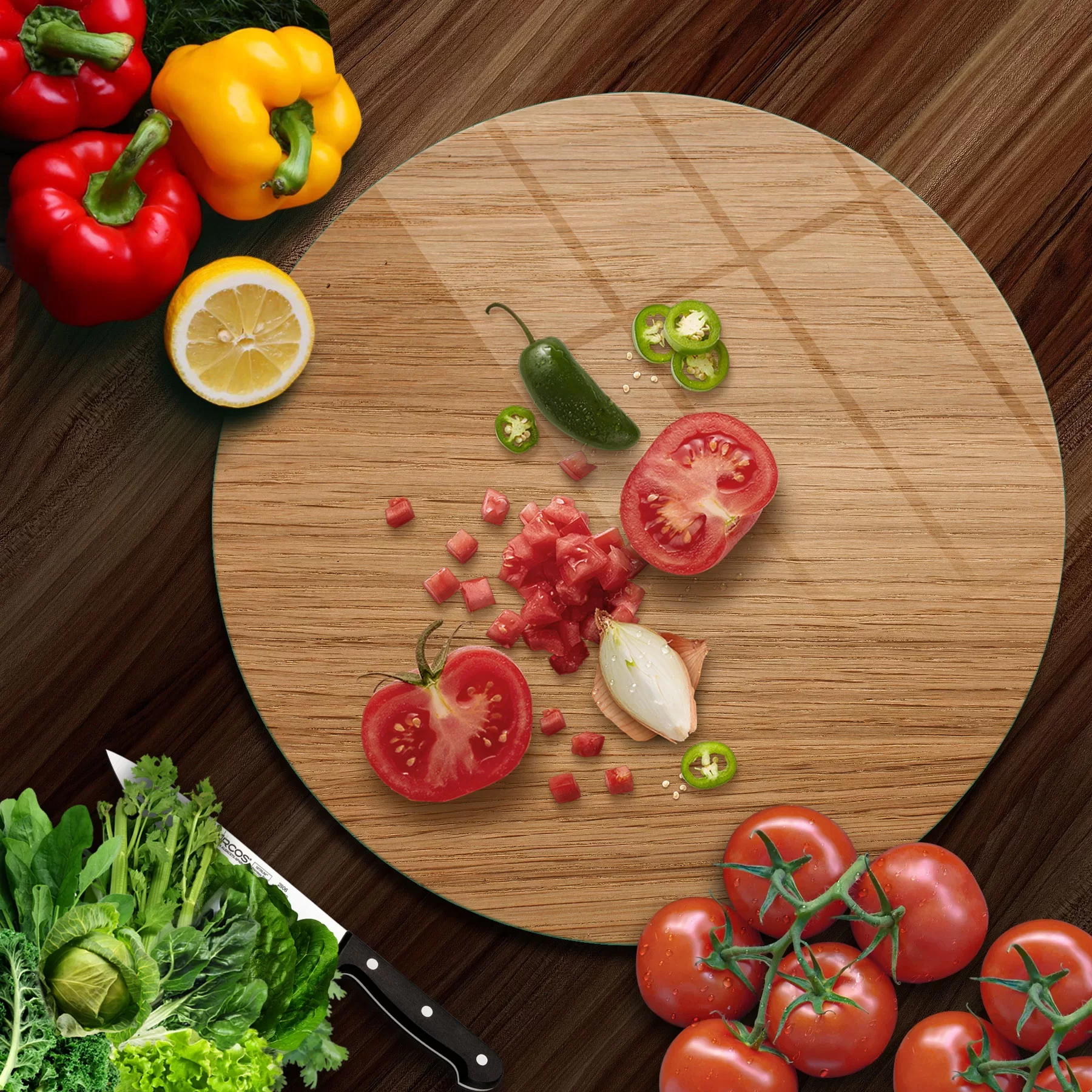 Picture of Decovetro Cam Kesme Tahtası ve Sunumluk Yuvarlak Ahşap Meşe Desenli 30x30 Cm