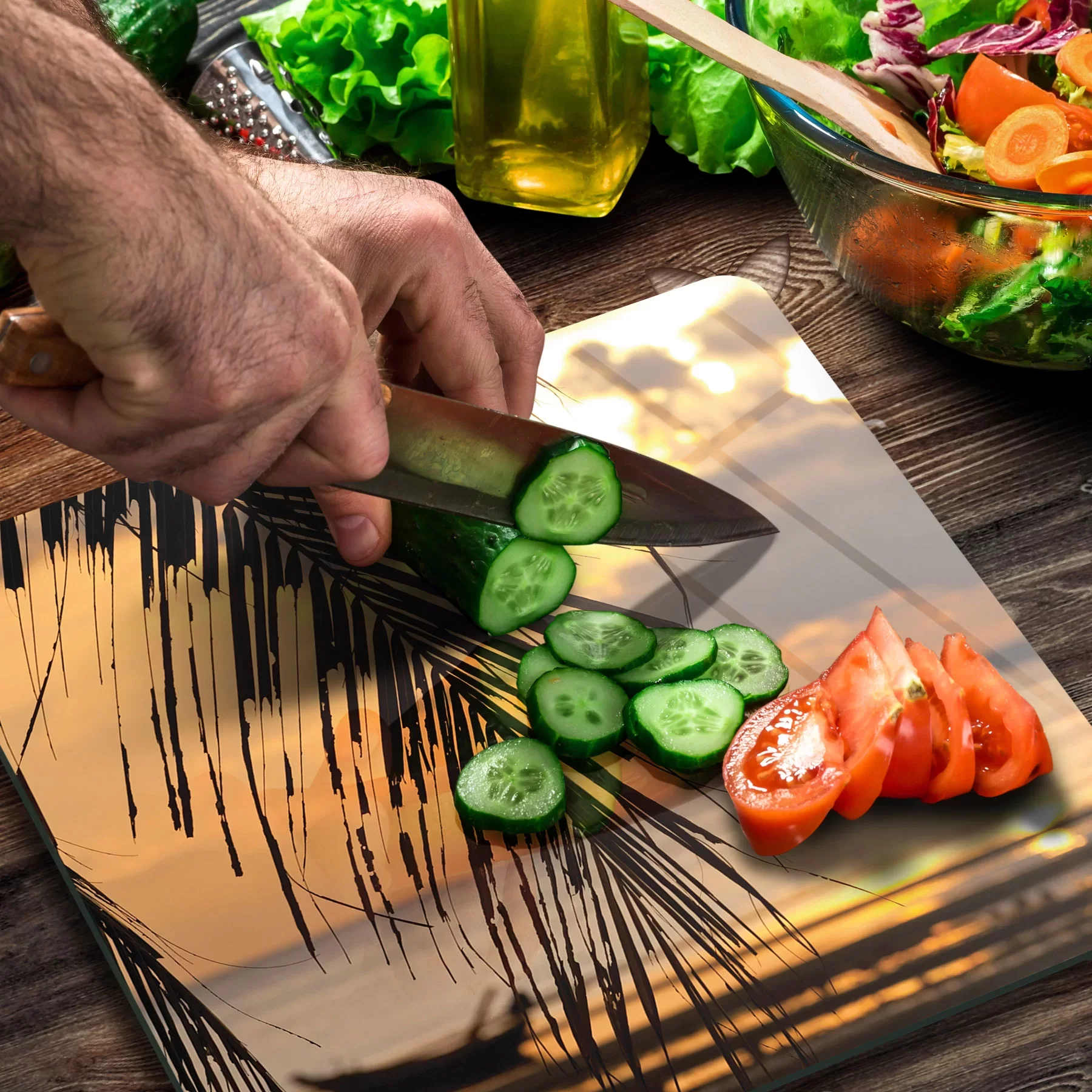 Picture of Decovetro Cam Kesme Tahtası ve Sunumluk Kare Sunset Sahil Desenli 30x30 Cm