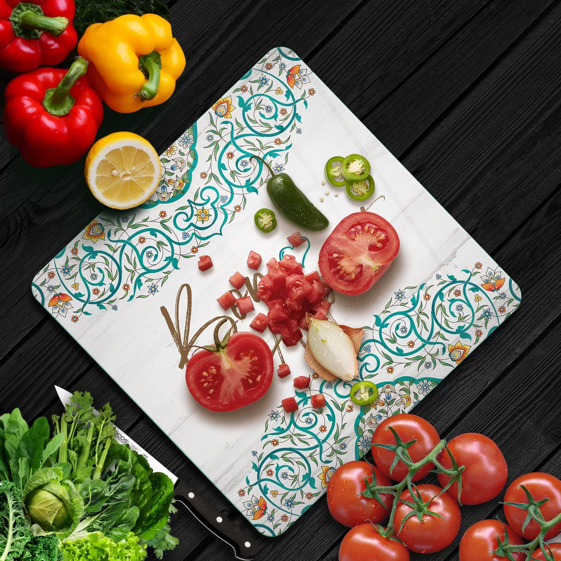 Picture of Decovetro Cam Kesme Tahtası ve Sunumluk Kare Bon Appetit Desenli 30x30 Cm