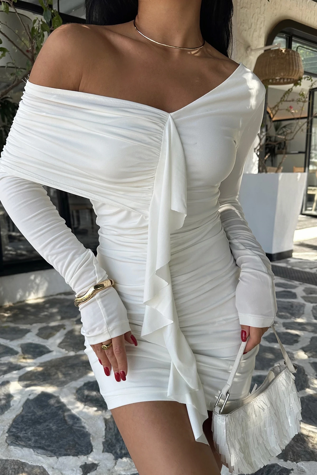 Picture of White Ruffle Detail Mini Dress