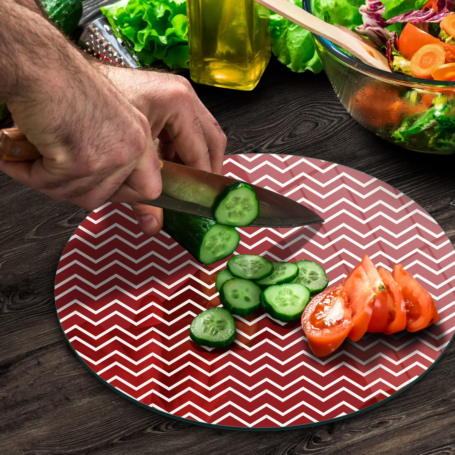 Picture of Decovetro Cam Kesme Tahtası ve Sunumluk Yuvarlak Kırmızı Beyaz Dalga Desenli 30x30 Cm