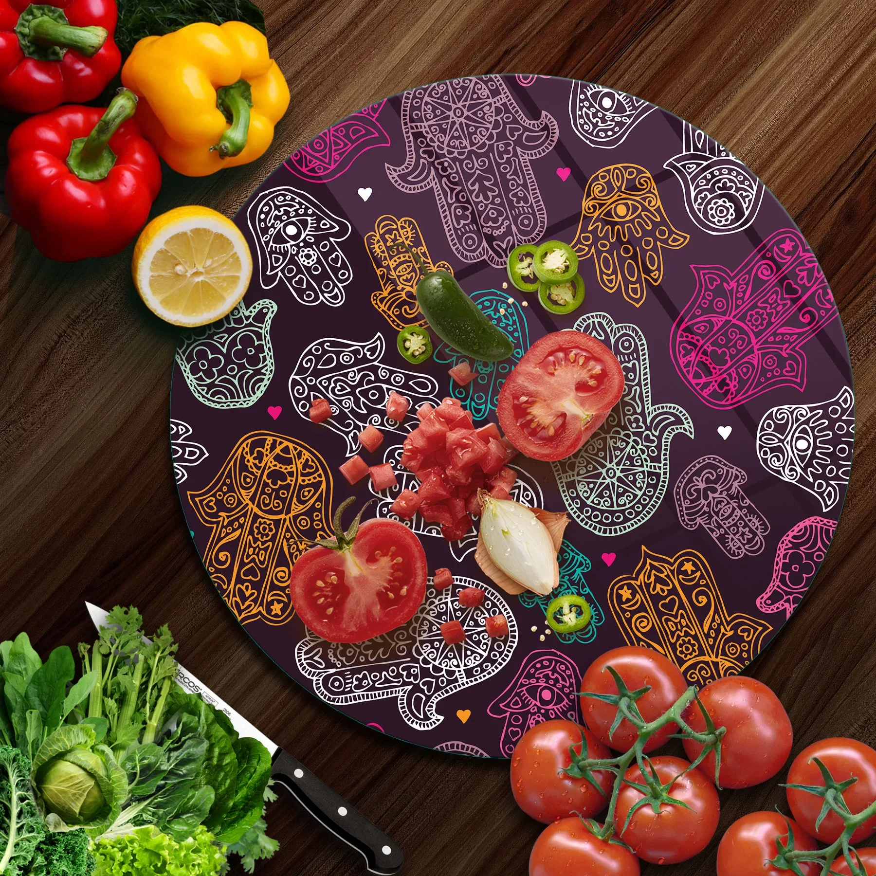 Picture of Decovetro Cam Kesme Tahtası ve Sunumluk Yuvarlak Hamsa Desenli 30x30 Cm