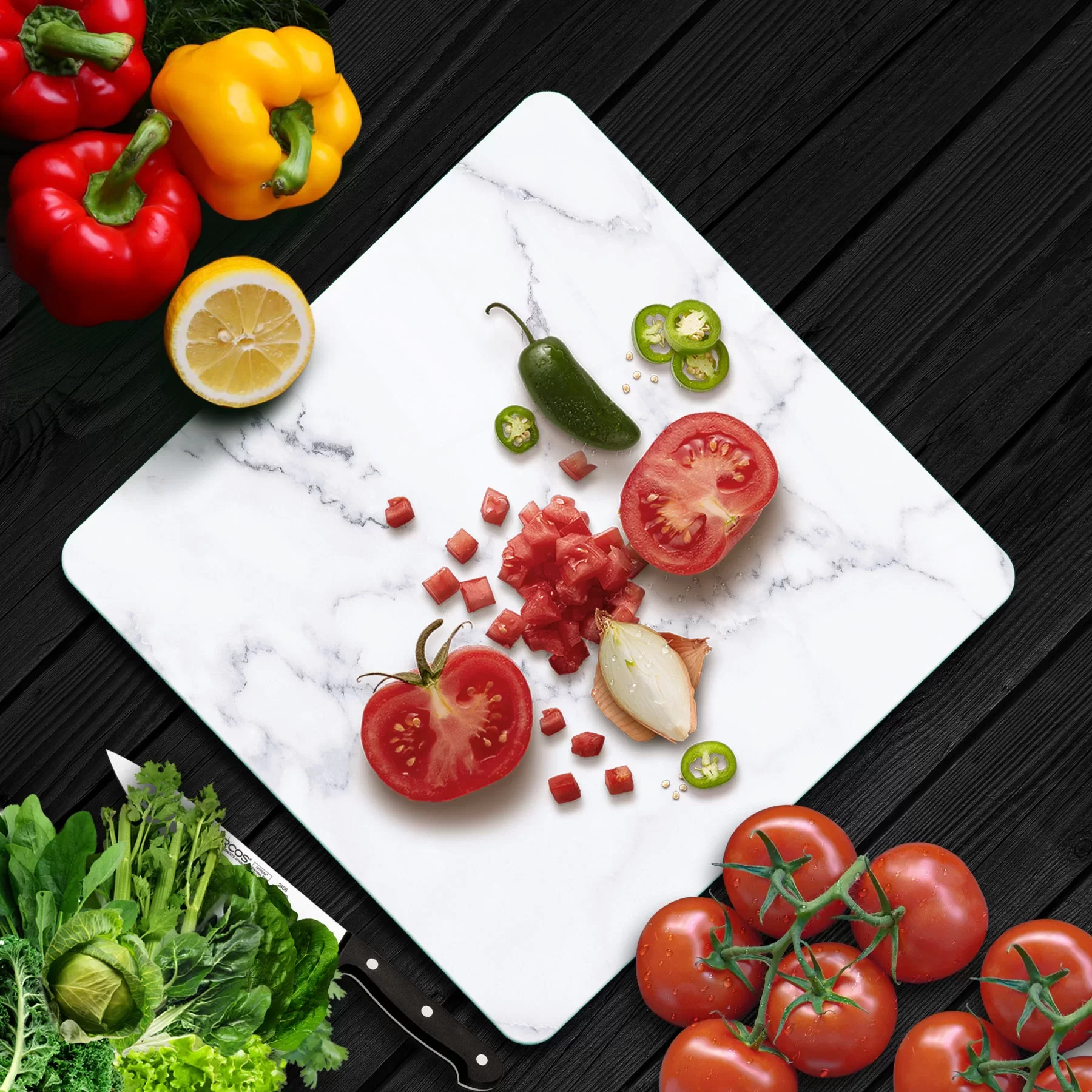 Picture of Decovetro Cam Kesme Tahtası ve Sunumluk Kare Beyaz Mermer Desenli 30x30 Cm