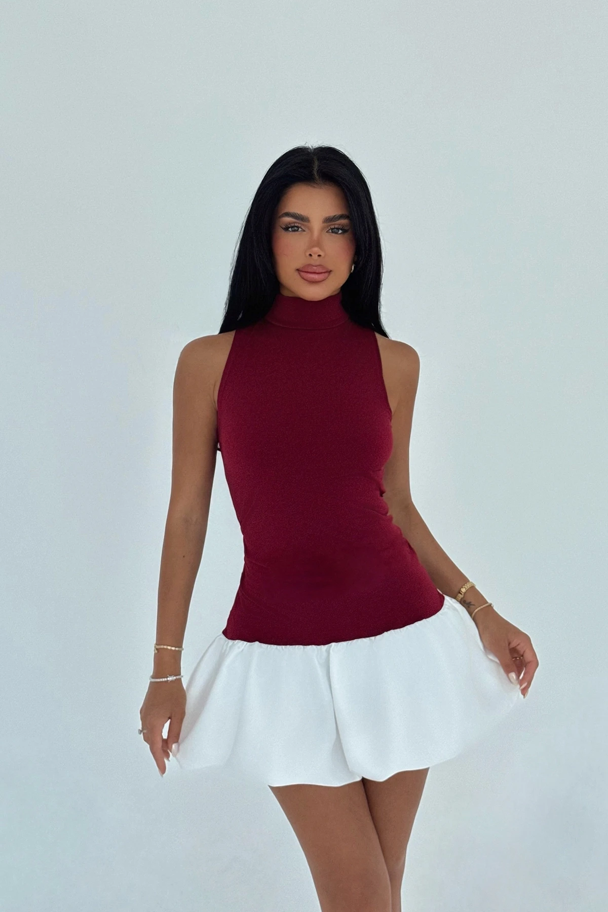 Picture of Burgundy Two-Tone Basic Dress