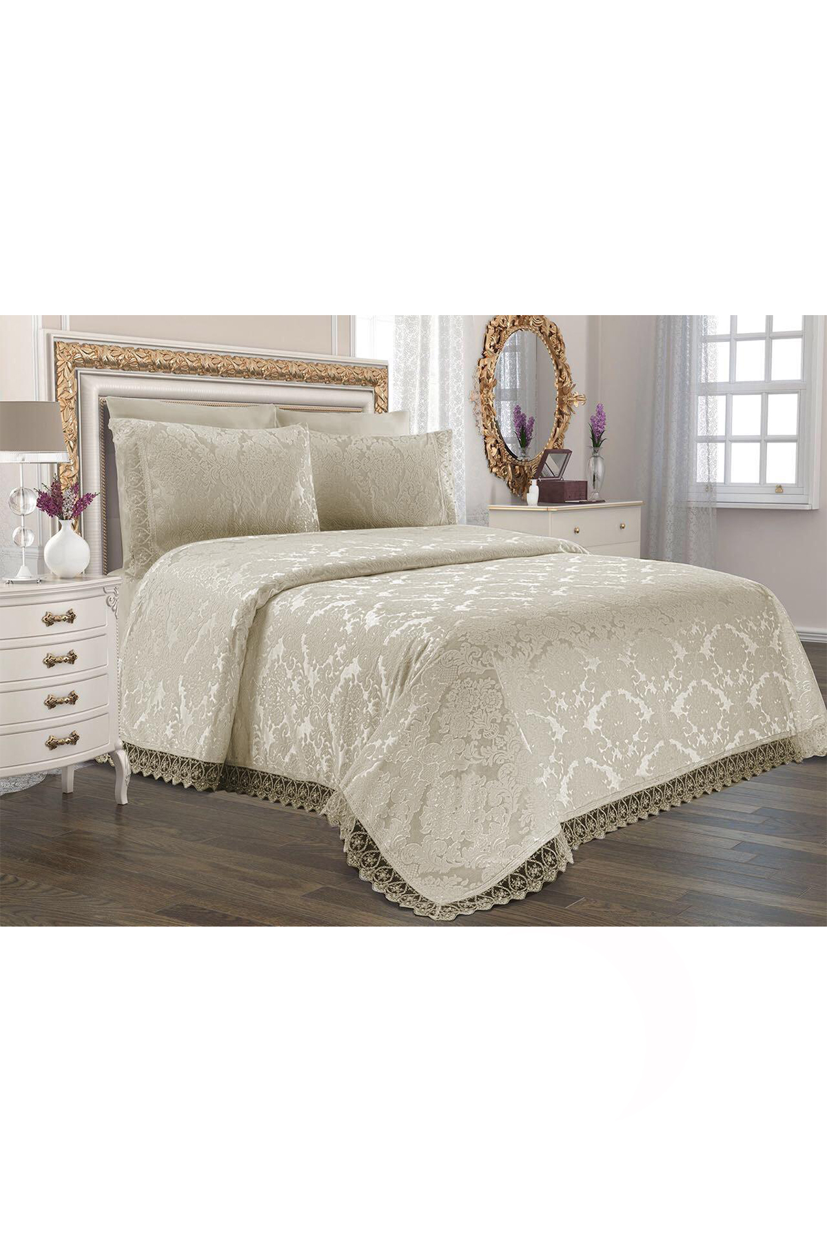 Picture of Çeyiz Diyarı Jakarlı Şönil Yatak Örtüsü Bej