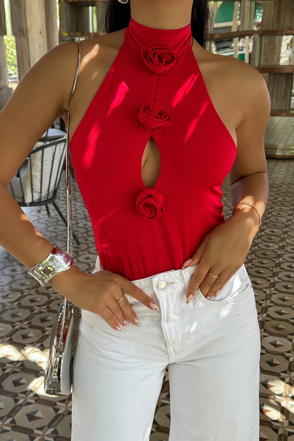 Picture of Red Rose Detail Tied Bodysuit