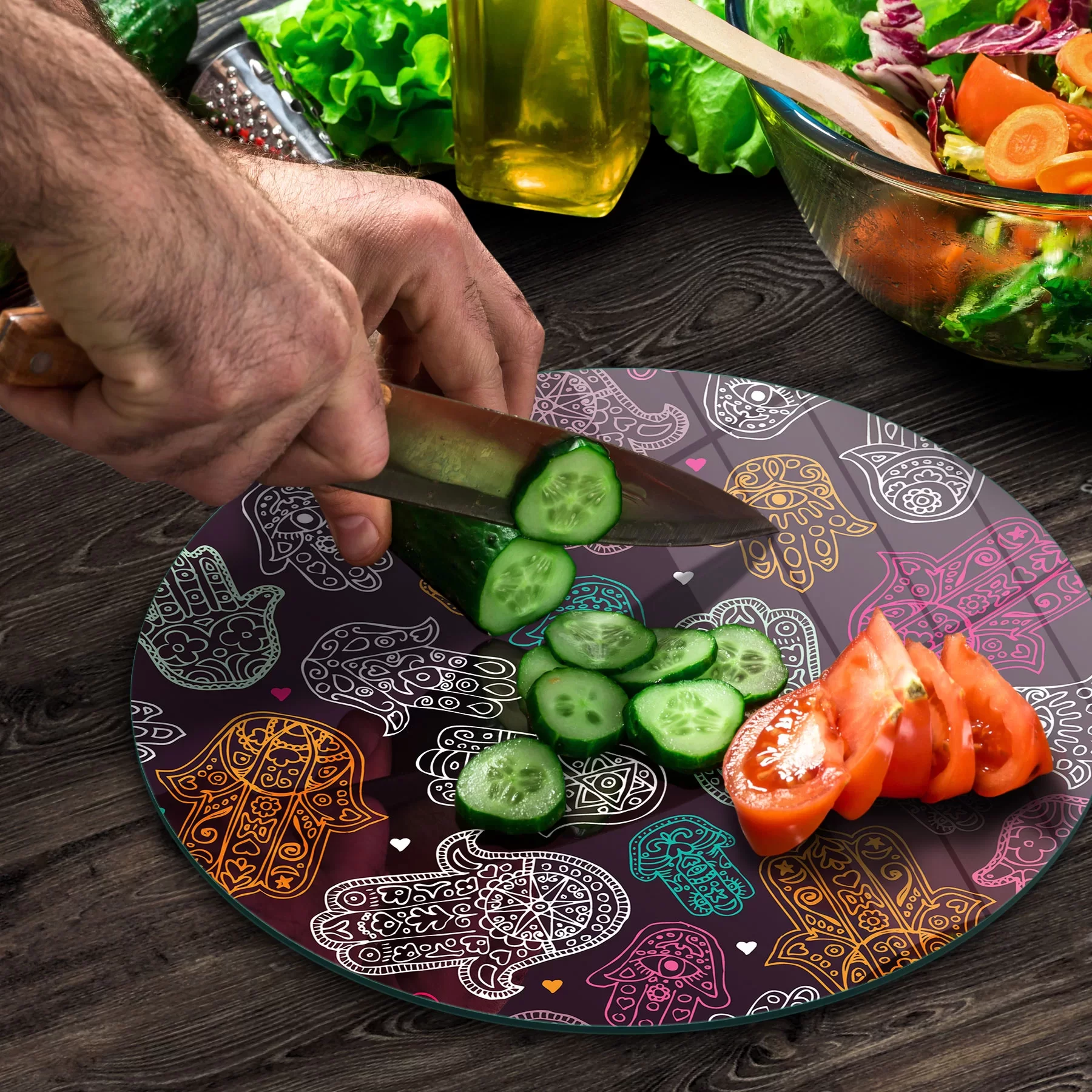 Picture of Decovetro Cam Kesme Tahtası ve Sunumluk Yuvarlak Hamsa Desenli 30x30 Cm