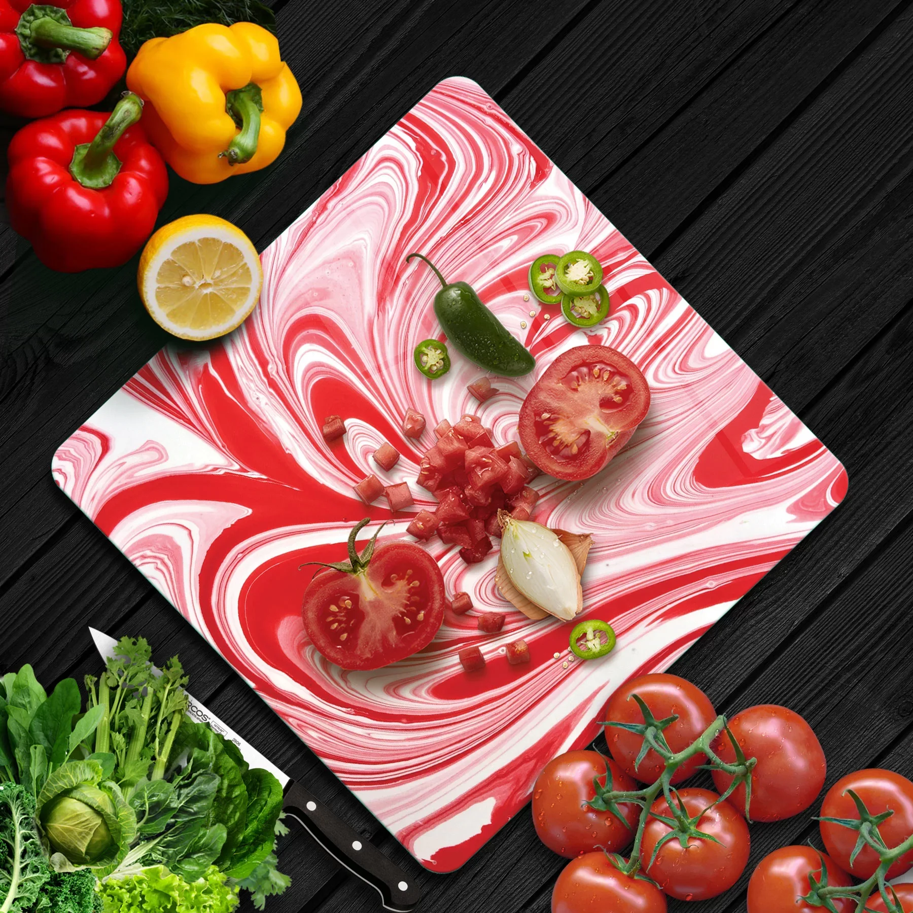 Picture of Decovetro Cam Kesme Tahtası ve Sunumluk Kare Kırmızı Ebru Desenli 30x30 Cm