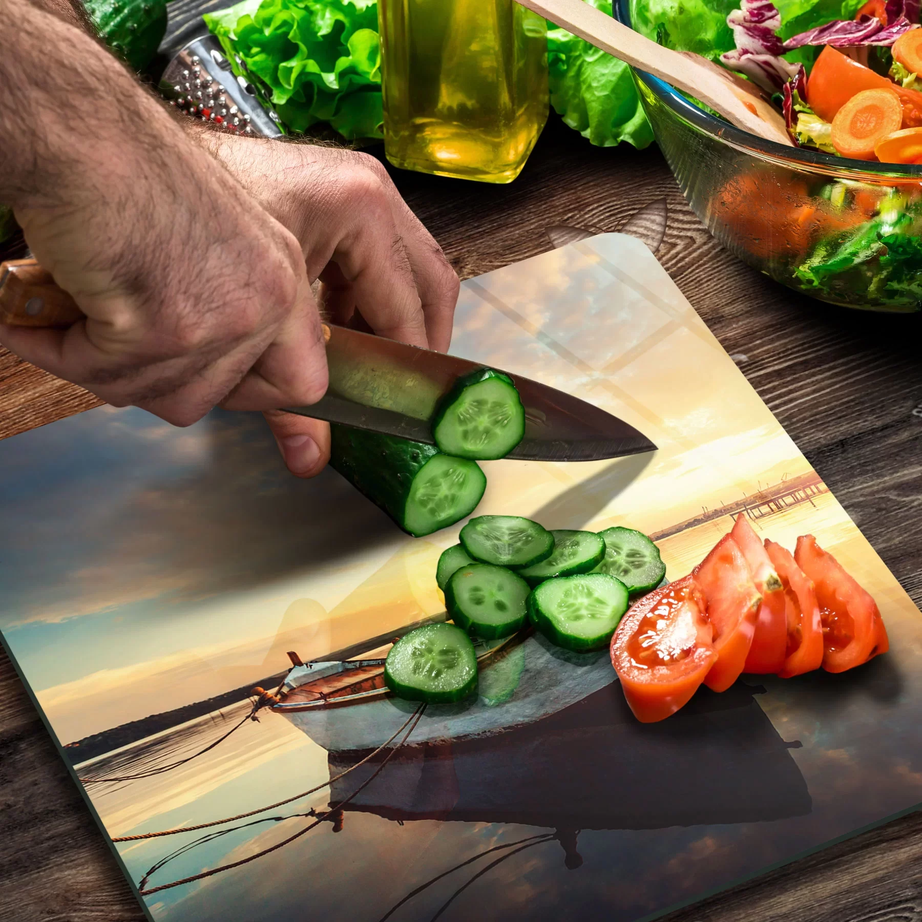 Picture of Decovetro Cam Kesme Tahtası ve Sunumluk Kare Kayık Desenli 30x30 Cm