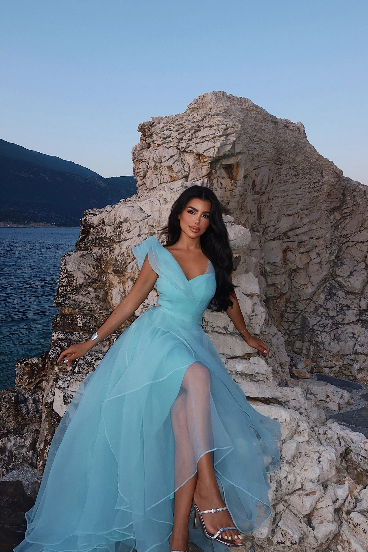 Picture of Turquoise Tulle Detail Long Evening Dress