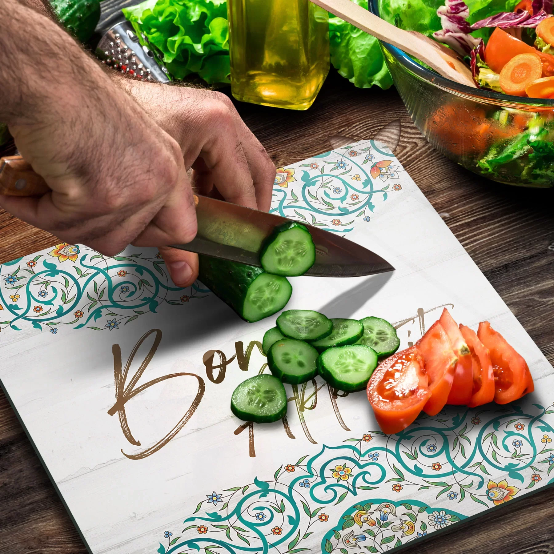 Picture of Decovetro Cam Kesme Tahtası ve Sunumluk Kare Bon Appetit Desenli 30x30 Cm