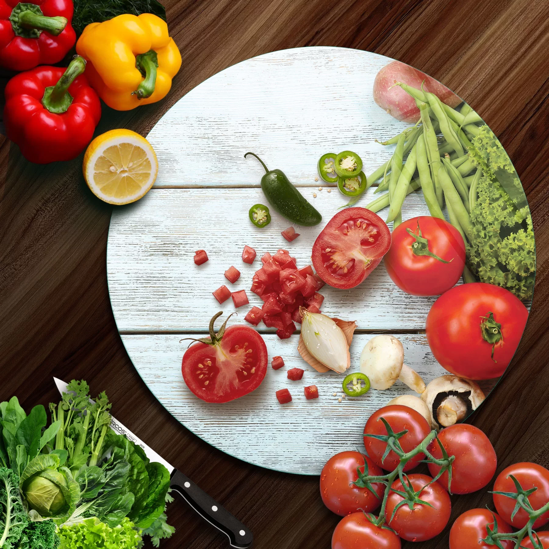 Picture of Decovetro Cam Kesme Tahtası ve Sunumluk Yuvarlak Mavi Ahşap Desenli 30x30 Cm