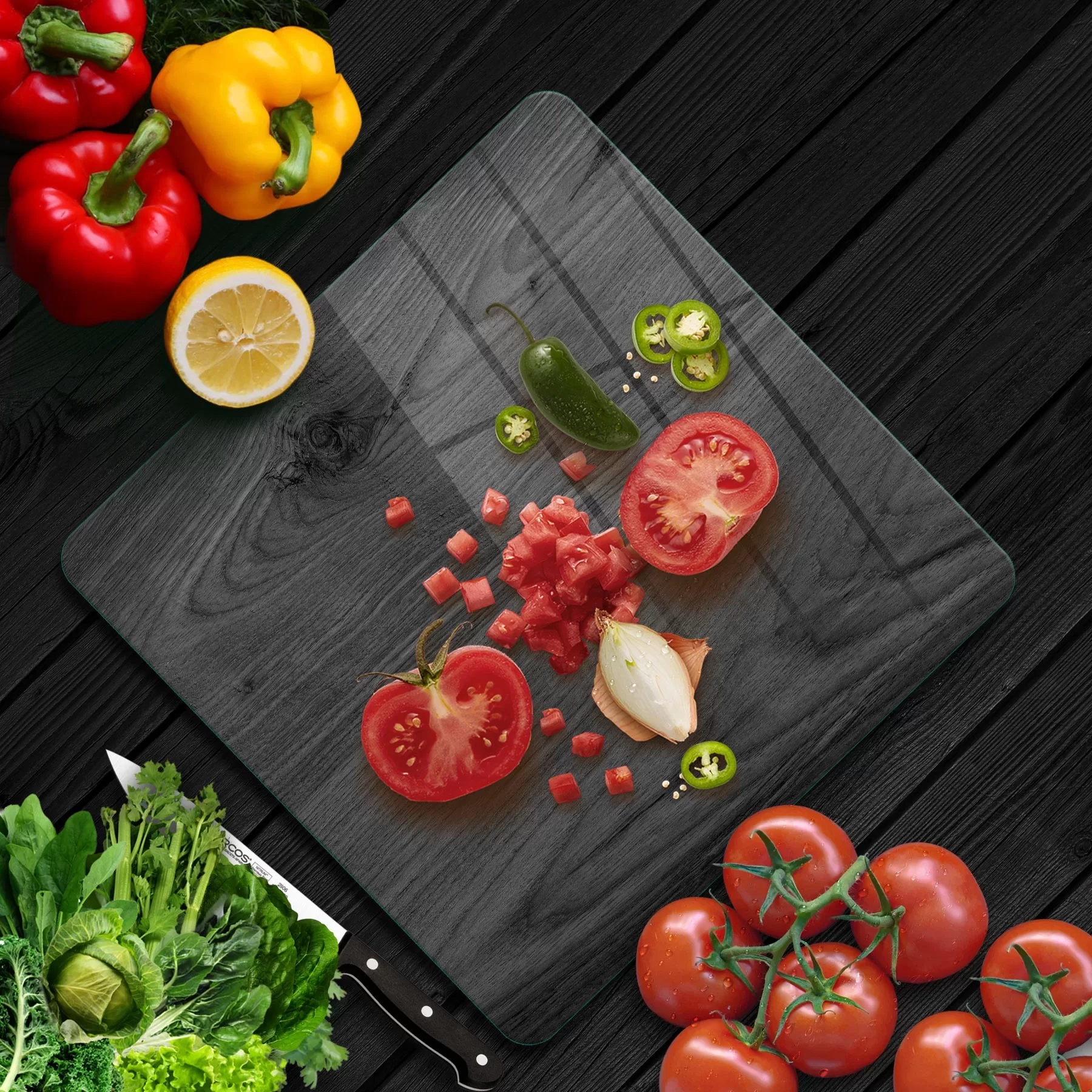 Picture of Decovetro Cam Kesme Tahtası ve Sunumluk Kare Siyah Ahşap Desenli 30x30 Cm