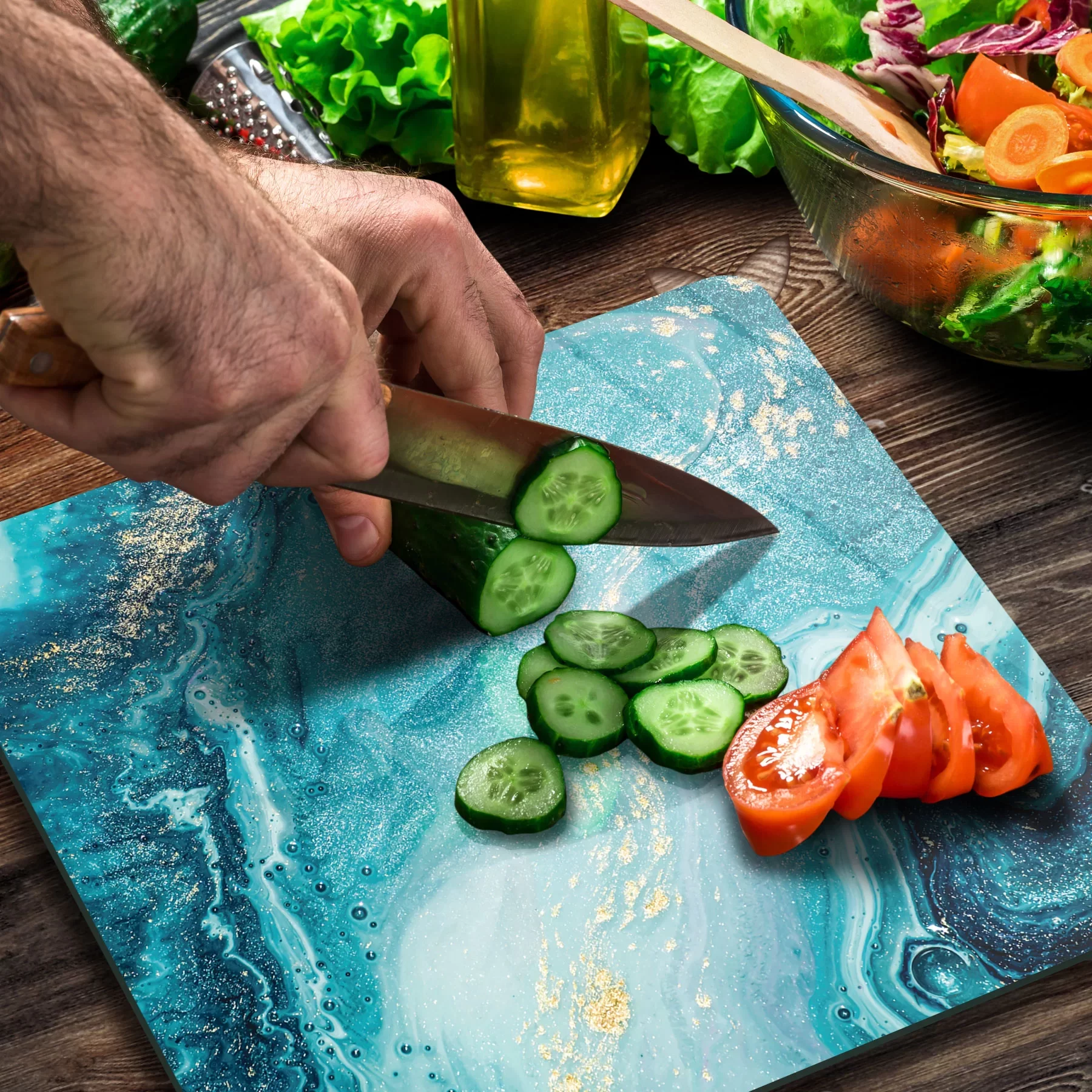 Picture of Decovetro Cam Kesme Tahtası ve Sunumluk Kare Mavi Mermer Desenli 30x30 Cm