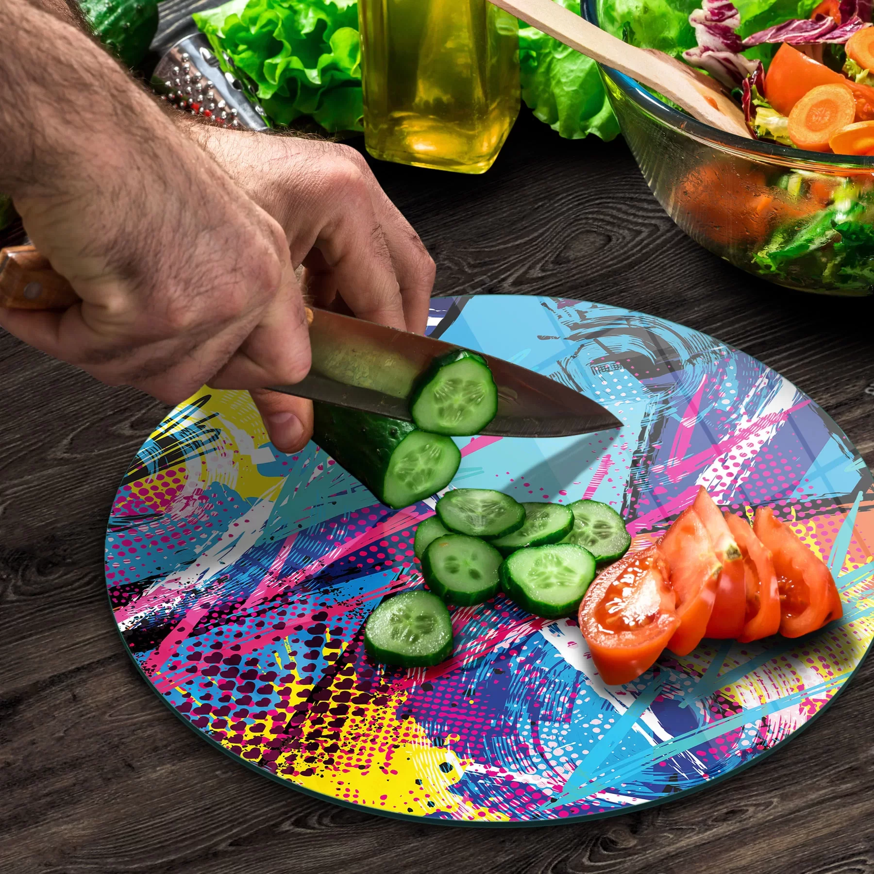 Picture of Decovetro Cam Kesme Tahtası ve Sunumluk Yuvarlak Karışık Renkli 30x30 Cm