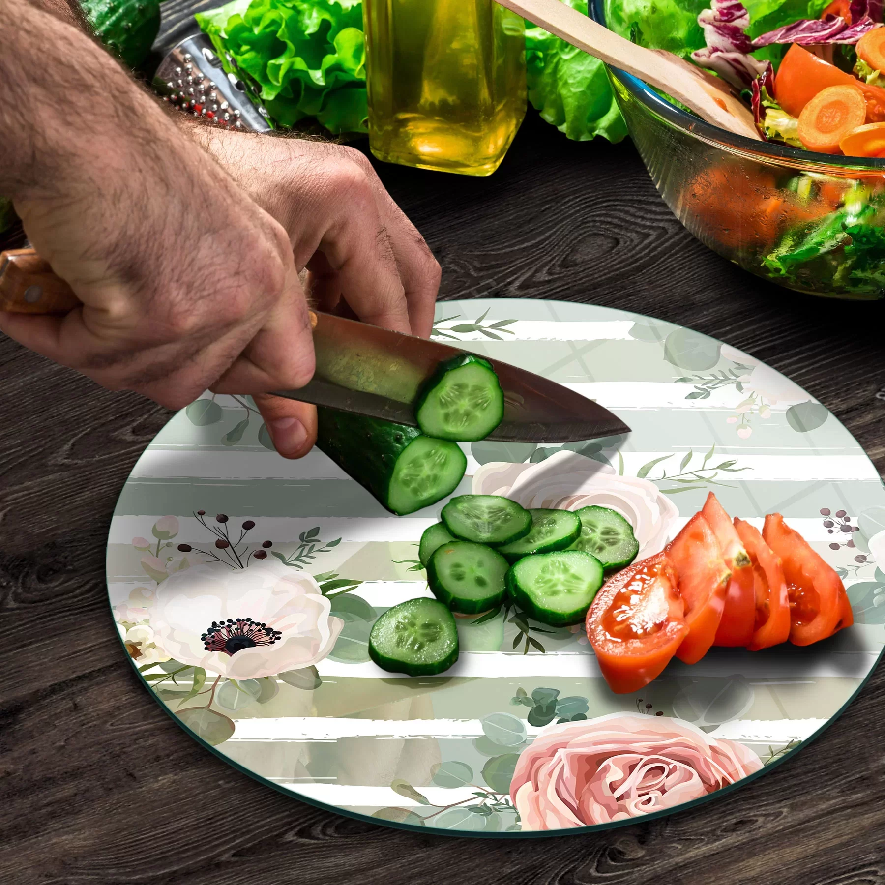 Picture of Decovetro Cam Kesme Tahtası ve Sunumluk Yuvarlak Retro Yeşil Gül Desenli 30x30 Cm