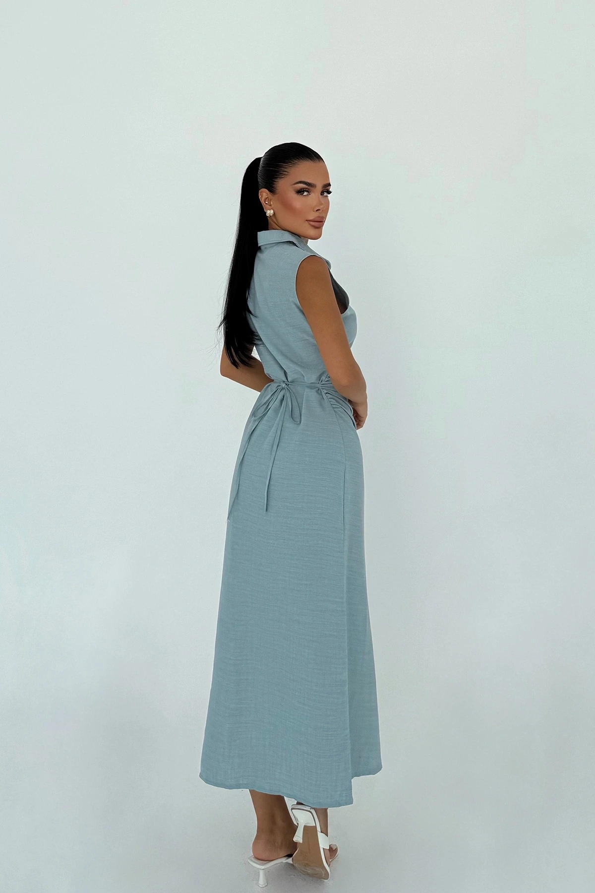 Picture of Blue Lyza Long Button-Down Dress