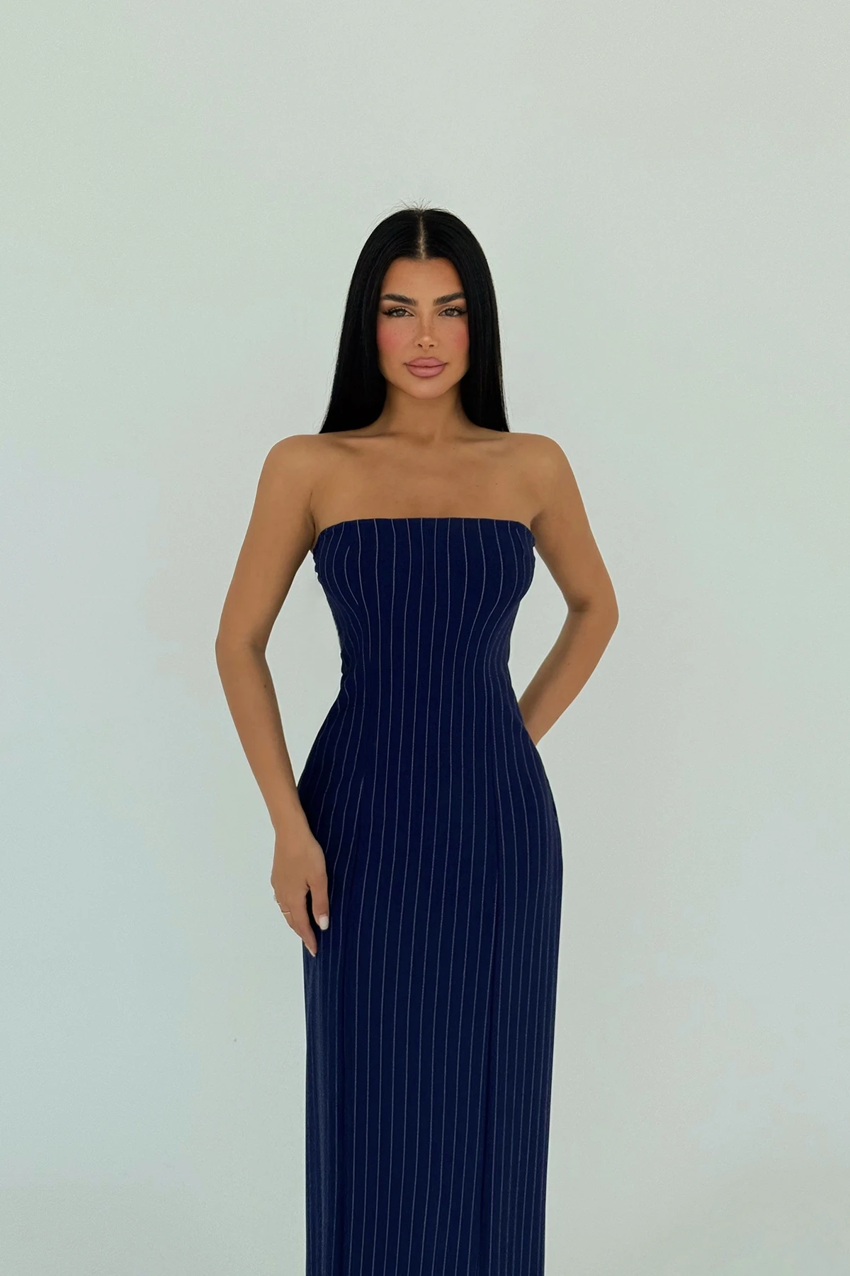 Picture of Navy Blue Strapless Striped Dress