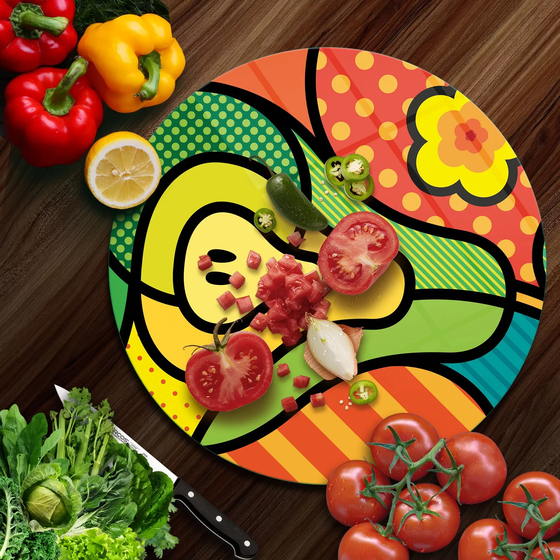 Picture of Decovetro Cam Kesme Tahtası ve Sunumluk Yuvarlak Armut Desenli 30x30 Cm