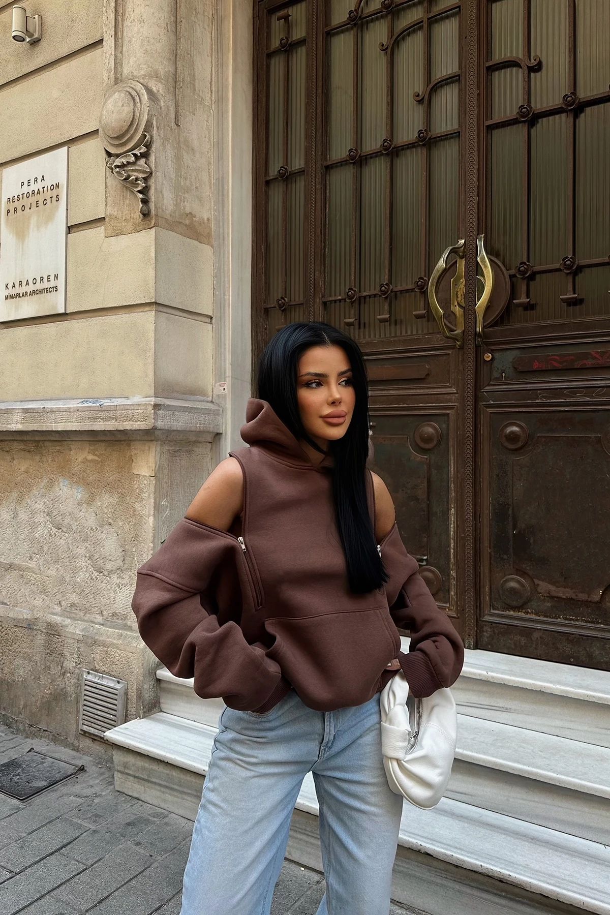 Picture of Brown Hooded Zipper Detail Sweat