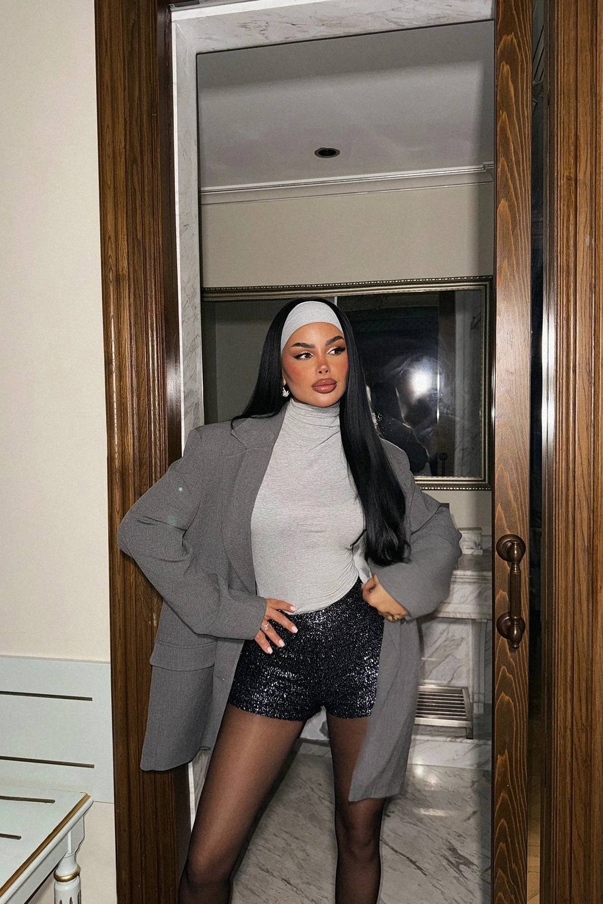 Picture of Navy Blue Sequin Detail Shorts