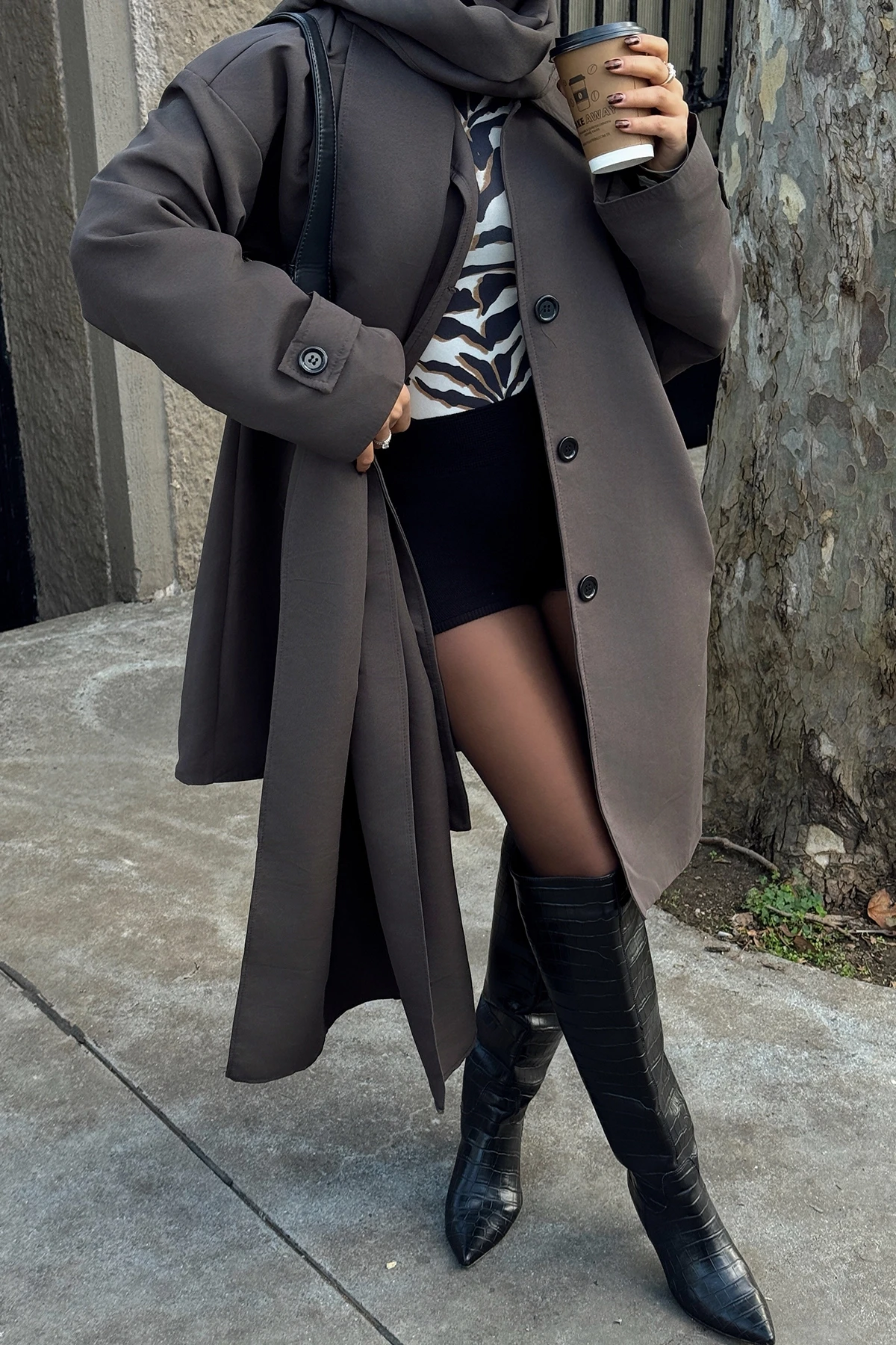 Picture of Brown Button Front Belt Detail Trench Coat