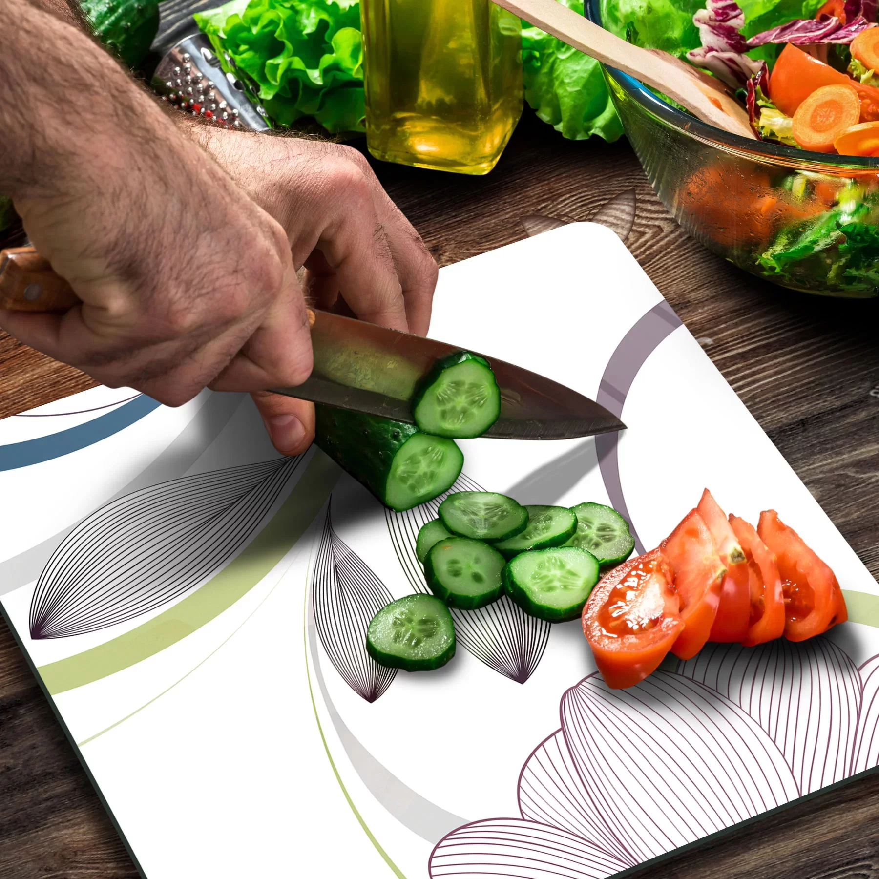 Picture of Decovetro Cam Kesme Tahtası ve Sunumluk Kare Çizgi Çiçek Desenli 30x30 Cm