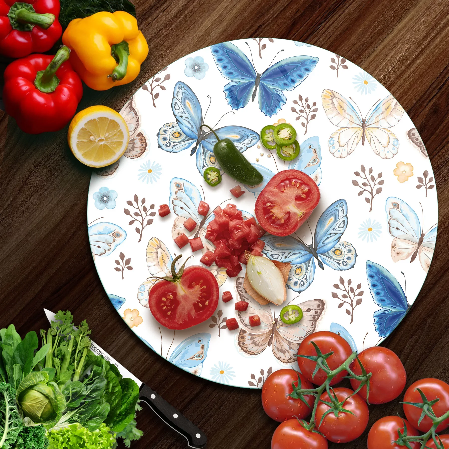 Picture of Decovetro Cam Kesme Tahtası ve Sunumluk Yuvarlak Mavi Kelebek Desenli 30x30 Cm