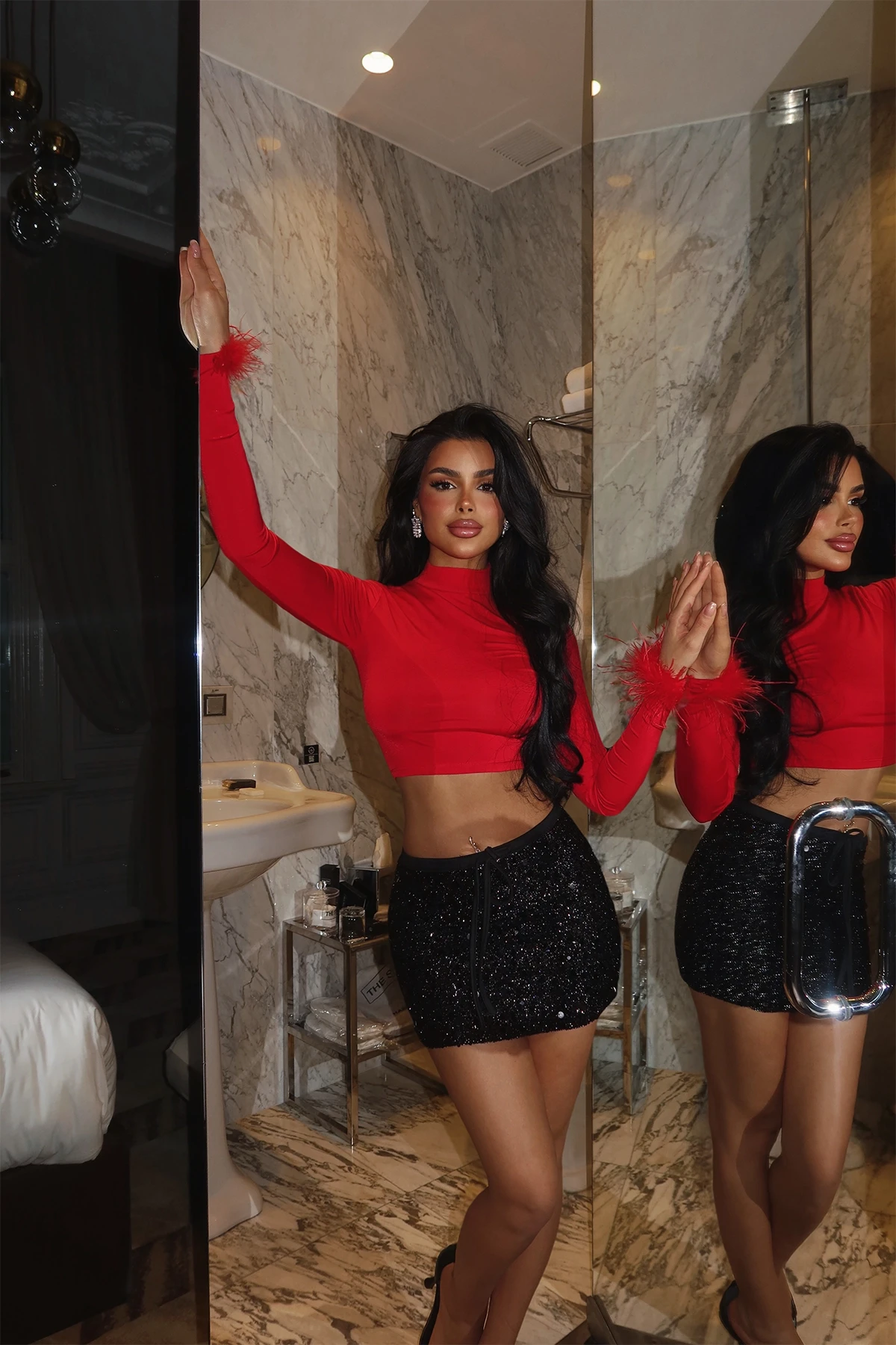 Picture of Red Sleeves Feather Detail Blouse