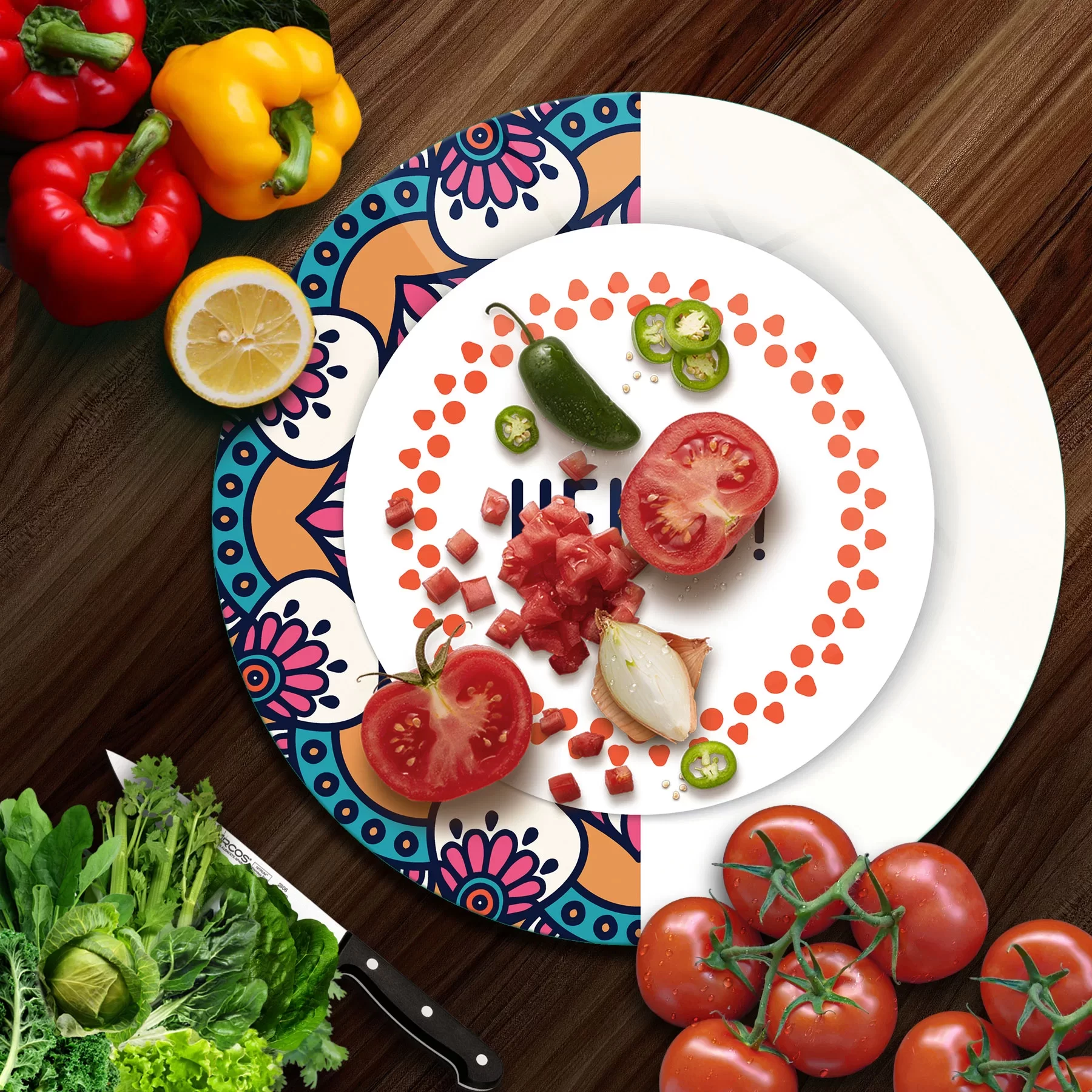 Picture of Decovetro Cam Kesme Tahtası ve Sunumluk Yuvarlak Hello Desenli 30x30 Cm