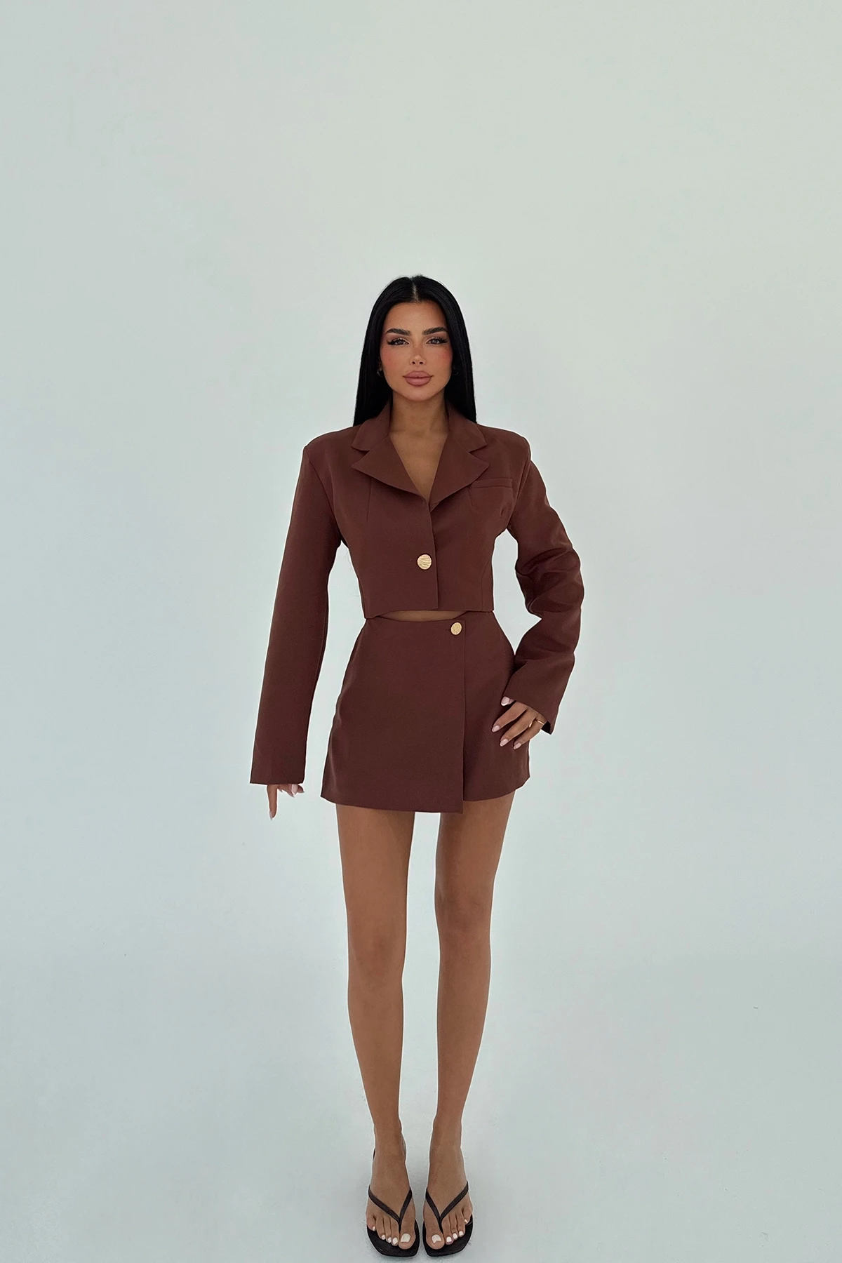 Picture of Brown Button Detail Skirt Suit