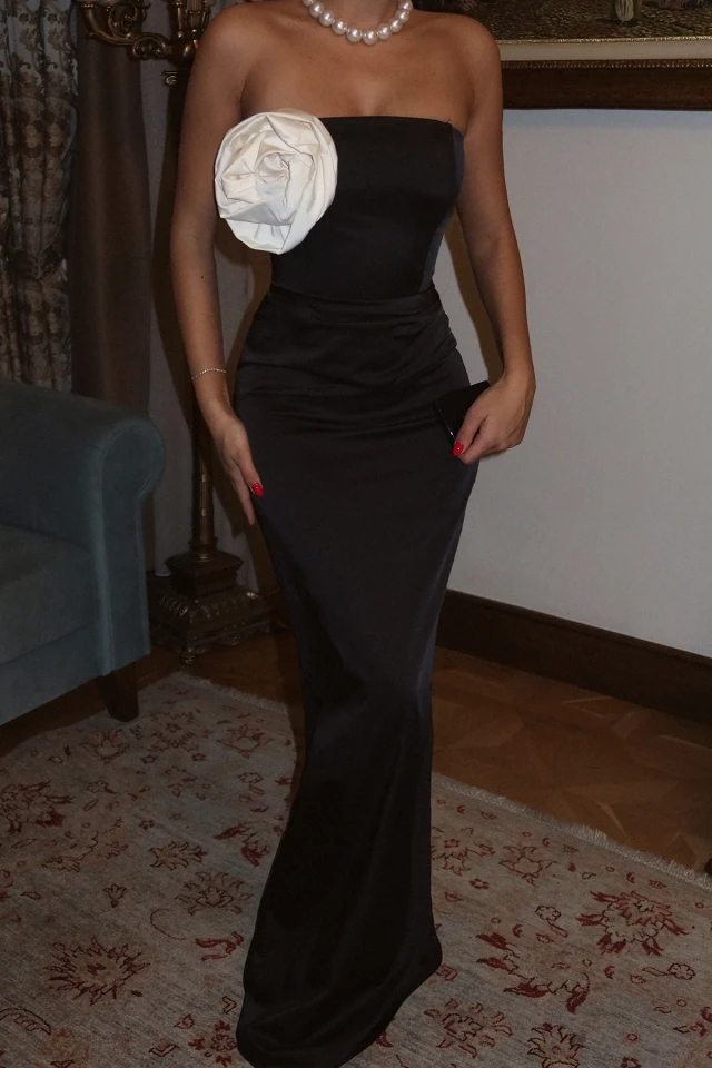 Picture of Black Isadora Rose Detailed Long Satin Dress