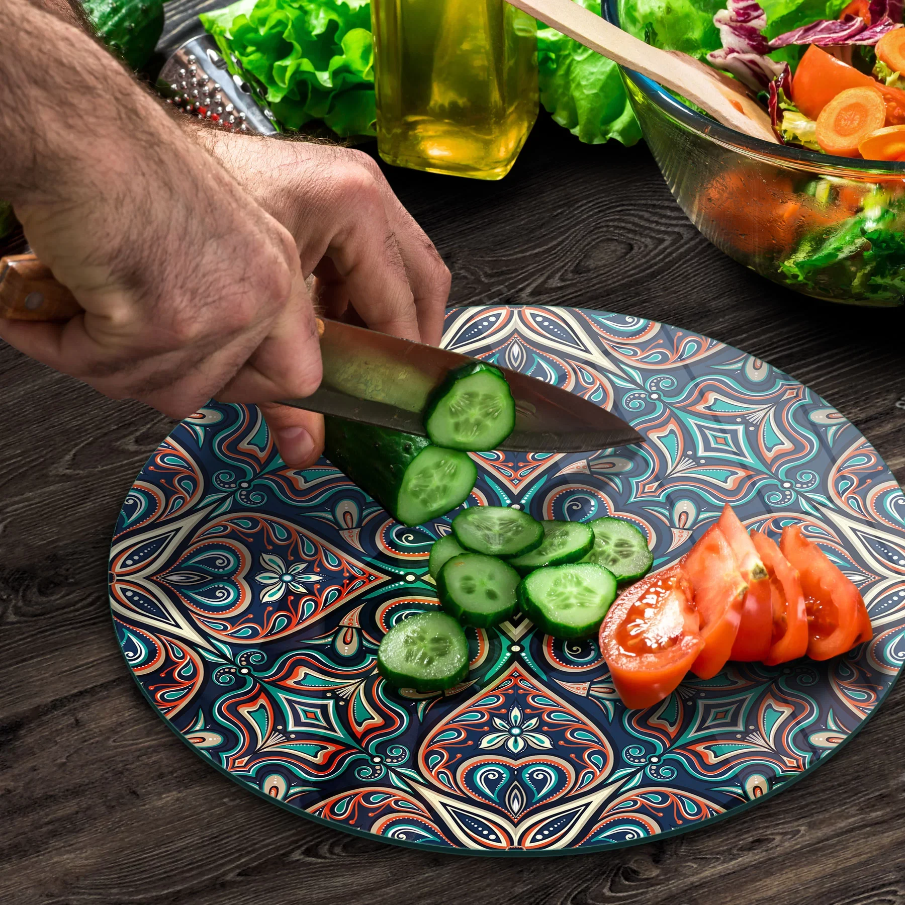 Picture of Decovetro Cam Kesme Tahtası ve Sunumluk Yuvarlak Türk Motifi Desenli 30x30 Cm