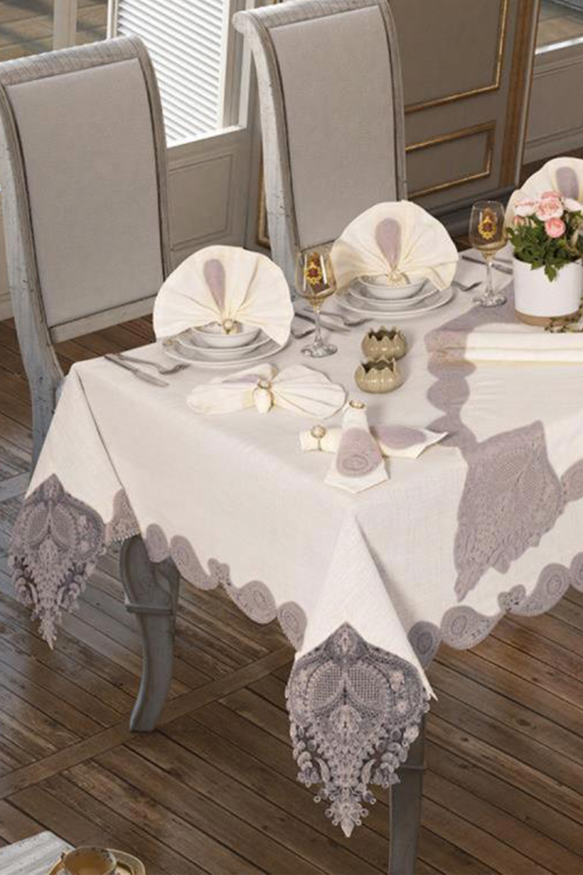 Picture of 26 Parça Keten Zambak Masa Örtüsü Takımı Krem Gri