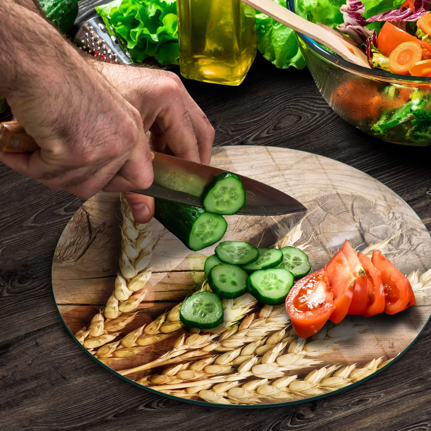 Picture of Decovetro Cam Kesme Tahtası ve Sunumluk Yuvarlak Burçak Desenli 30x30 Cm