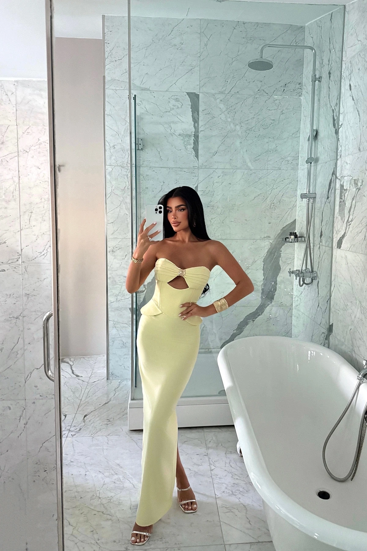 Picture of Yellow Strapless Dress with Pocket Detail