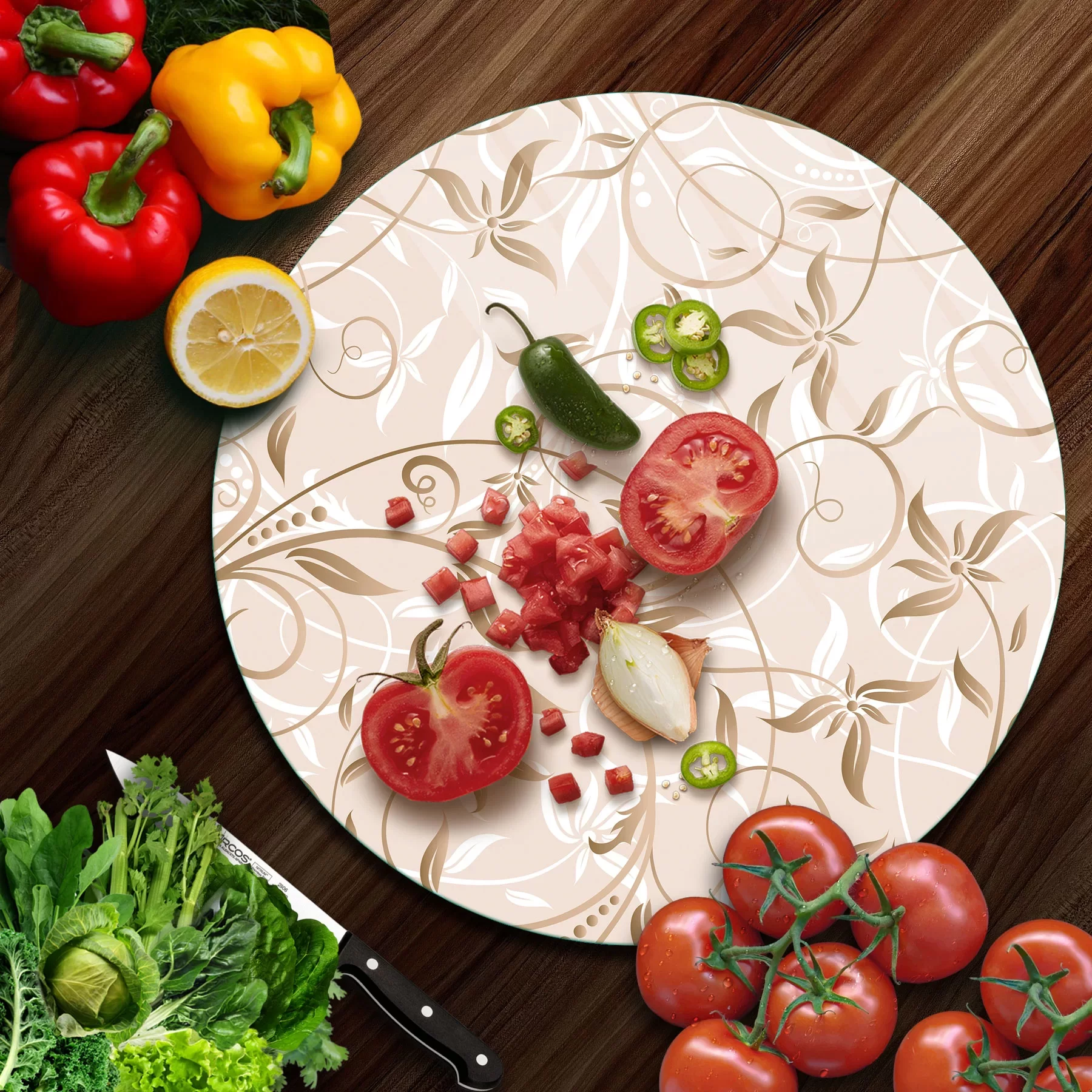 Picture of Decovetro Cam Kesme Tahtası ve Sunumluk Yuvarlak Kahve Sarmaşık Desenli 30x30 Cm